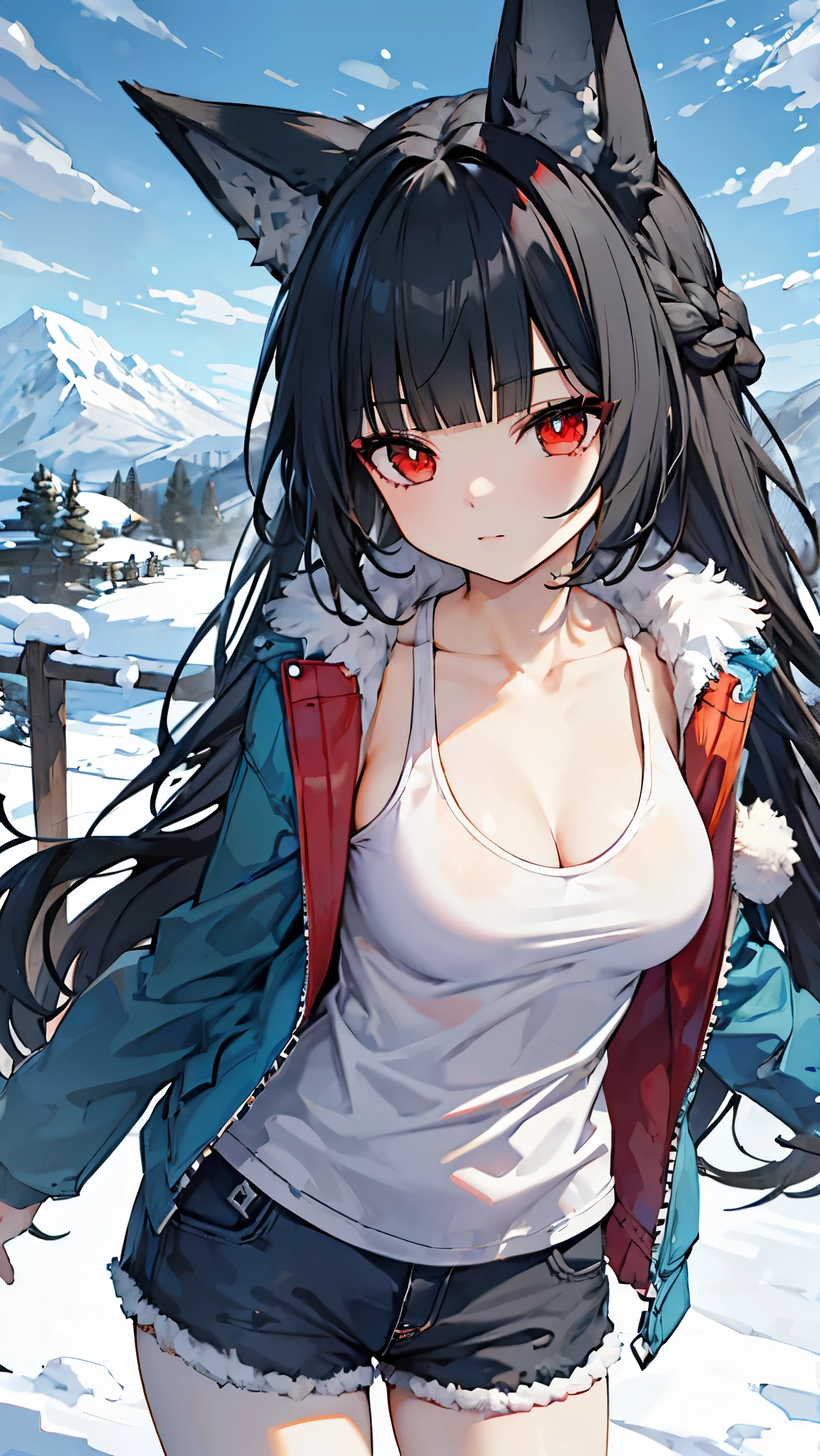 best quality 、、(Whitening skin)、 black hair, long hair, red eyes, fox ear,Petite、 slender, big breasts, slender, red cheeks , Snow Scenery , jacket ,fur, tank top, shorts, cleavage in years,