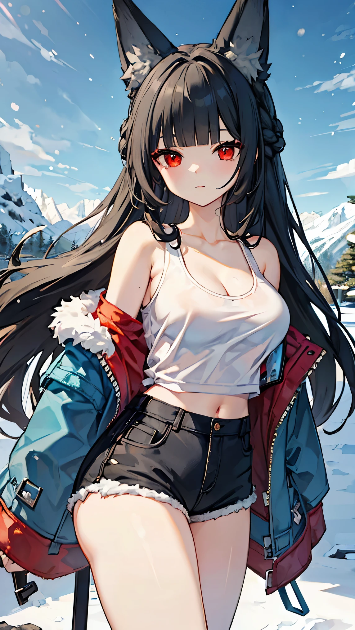 best quality 、、(Whitening skin)、 black hair, long hair, red eyes, fox ear,Petite、 slender, big breasts, slender, red cheeks , Snow Scenery , jacket ,fur, tank top, shorts, cleavage in years,
