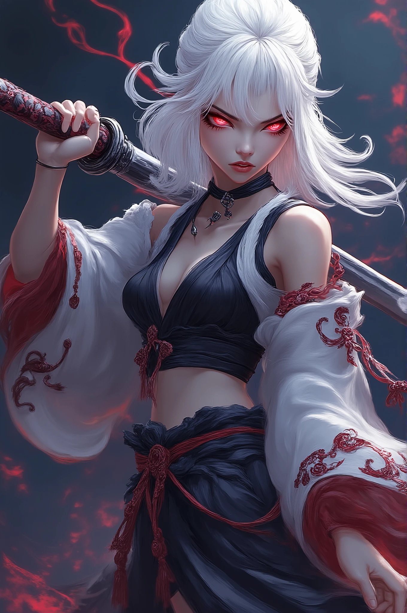 A young woman, light skin, with shoulder-length, pale-white hair, is depicted holding a katana. She is positioned slightly off-center to the left of the image. She is facing directly at the viewer. Her expression is serious and intense, conveying a sense of determination. She wears a loose, flowing, patterned kimono, with red and white floral designs, over a black short top. Red accents and ties are visible on the kimono and waist. A choker necklace is also visible. The woman's body type is slender and athletic, and her posture suggests readiness for action. The environment is a stylized, dark, and vibrant setting, with hints of neon colors and red-hued smoke or fire effects behind and around her. The style is anime-inspired, with a highly detailed and intricate visual quality. The lighting is dramatic and focused on the woman, highlighting the details of her features and clothing. The composition is dynamic and draws the viewer's attention to the woman and her actions. The background is blurry and slightly out of focus. A katana blade is prominently featured, extending across the image. The overall atmosphere is powerful and heroic.