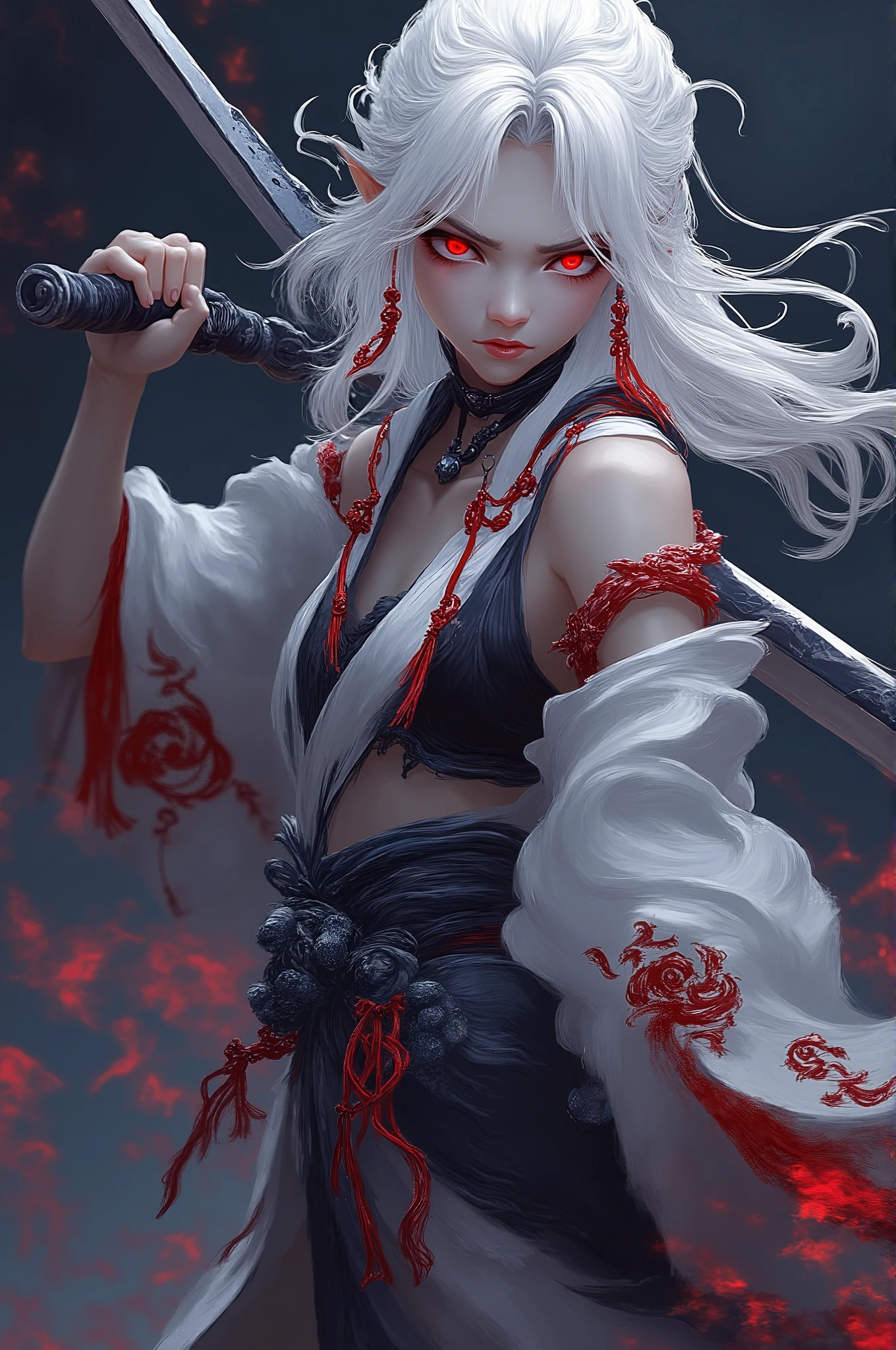 A young woman, light skin, with shoulder-length, pale-white hair, is depicted holding a katana. She is positioned slightly off-center to the left of the image. She is facing directly at the viewer. Her expression is serious and intense, conveying a sense of determination. She wears a loose, flowing, patterned kimono, with red and white floral designs, over a black short top. Red accents and ties are visible on the kimono and waist. A choker necklace is also visible. The woman's body type is slender and athletic, and her posture suggests readiness for action. The environment is a stylized, dark, and vibrant setting, with hints of neon colors and red-hued smoke or fire effects behind and around her. The style is anime-inspired, with a highly detailed and intricate visual quality. The lighting is dramatic and focused on the woman, highlighting the details of her features and clothing. The composition is dynamic and draws the viewer's attention to the woman and her actions. The background is blurry and slightly out of focus. A katana blade is prominently featured, extending across the image. The overall atmosphere is powerful and heroic.