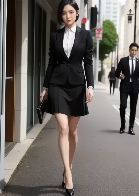masterpiece(:1.3), Highest quality,超High resolution,High resolution, Highest quality,8k,16K,極めてdetailed,detailed,Full body photo,Japanese,Beauty,Model body type,Golden Ratio Style,Narrow waist,Long, slender legs,Brown wavy hair,career woman,business suit,Black jacket,White shirt open to the chest(Ultra-thin fabric),Black tight skirt(Slit on the side),pumps,Handbags,Hair blowing in the wind,(A snapshot on a tree-lined street in an office district),