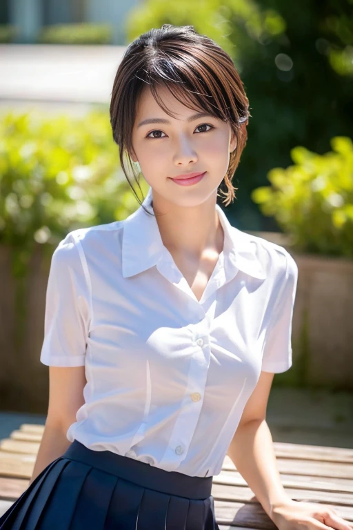 best quality, photorealistic, 8k, high res, 1girl, woman, (skindentation), (professional lighting), (portrait:0.6), (soaked White blouse, soaked Dark Skirt, ), gorgeous, (soaked short black hair:1), ((looking at viewer:1.5)), photorealistic, (bokeh), (dynamic pose:1.2), intense lighting to face area, lips, (teeth:1.3), smile, Dark Clouds, heavy rain, realistic rain effect