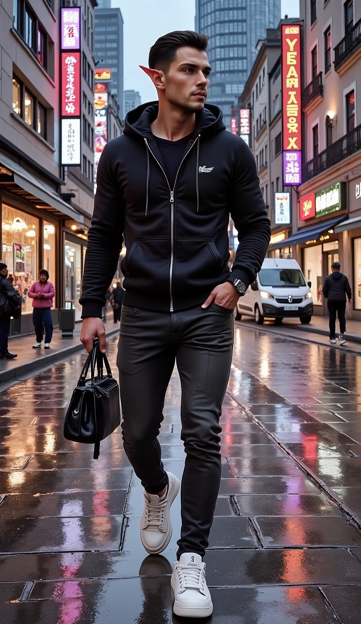 (best quality, 128k,highres,masterpiece:1.2),ultra-detailed,(realistic,photorealistic,photo-realistic:1.37), ((masterpiece)) ((photography)) ((Highest quality)) A hyper-realistic photograph of a modern male elf walking through a bustling city street at dusk. He has sharp, angular features, pointed ears, and sleek black hair styled in a casual yet fashionable way. Dressed in a stylish casual outfit, he wears a fitted black hoodie, dark jeans, and fresh white Nike sneakers. His confident stride blends effortlessly with the urban environment, as neon lights from nearby storefronts and passing cars reflect off the wet pavement. The background features a lively cityscape with towering buildings, streetlights, and a mix of modern and fantasy elements subtly woven into the scene.