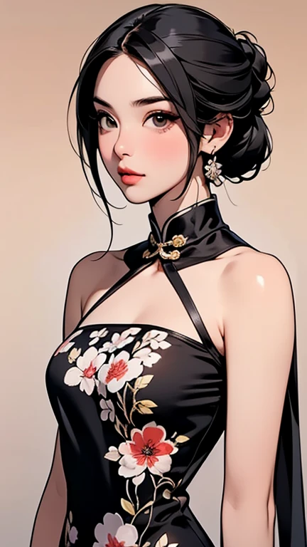 tsuruta ichiro, Narrow-eyed, 1girl in, Allback、deadpan、short-hair、shorth hair、brow、Reluctance、A dark-haired、Tucked Hair Solo, Cowgirl, Onepiece, ((mideum breasts)), Thin slit eyes、Black eyes, Light shines on the eyes、Black hair, gloves, Dress, Luxurious Jewelry, earrings, sharp eye、 elbow groves,Raise your hands and tie your hair back, random color, random color dress, Makeup for long eyes, Slender eyes、lip stick, Complex petal pattern, Rim Light, Back Light, pastel color,Studio Lighting