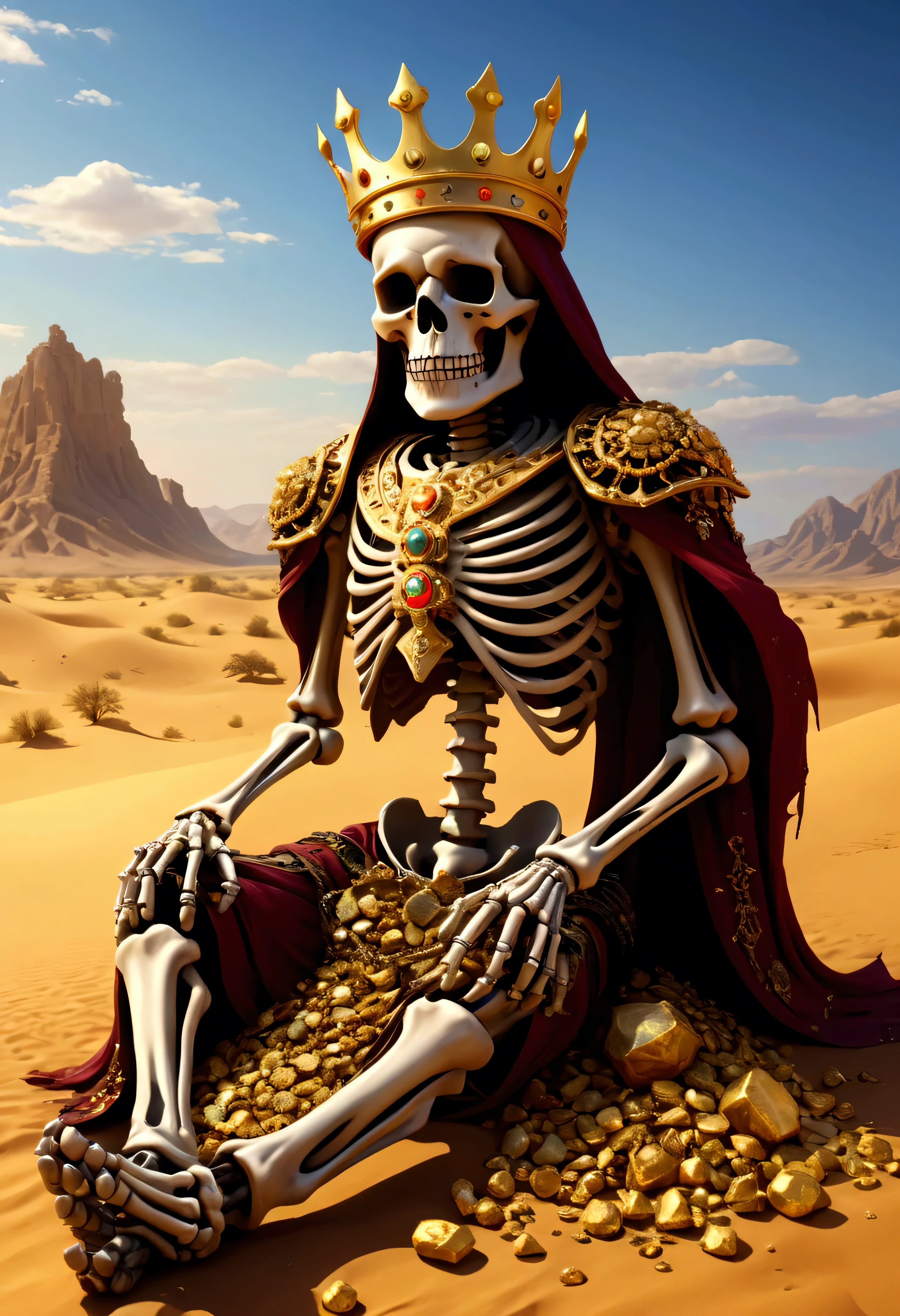 Skeleton King is in the desert surrounded by treasure, with HD quality