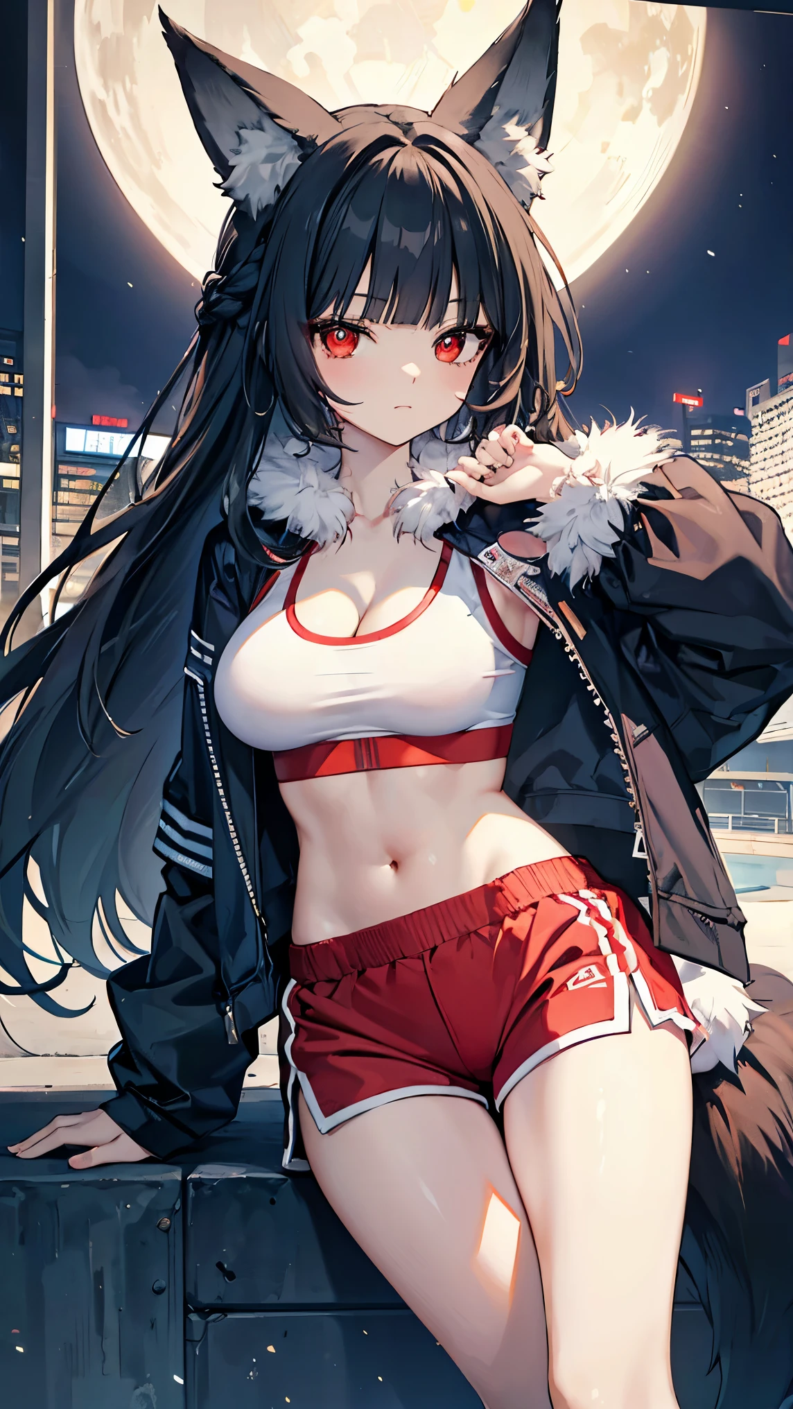 best quality 、、(Whitening skin)、 black hair, long hair, red eyes, fox ear,Petite、 slender, big breasts, slender, red cheeks , night view, jacket ,fur, sports bra, shorts, cleavage in years,