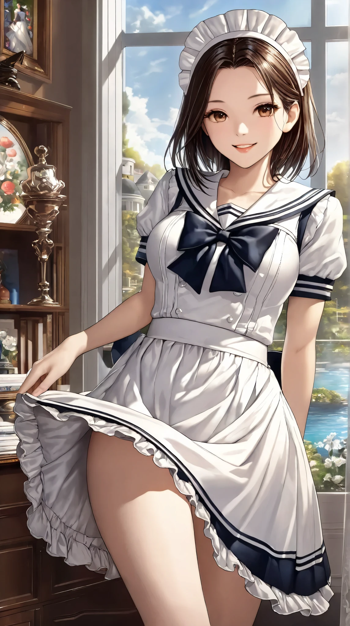 (( best quality )),( super high definition),( very detailed),( Detailed explanation ),(( best CG )),( Best Works of Art ), Ultra Precision Art, amazing painting art ,( Exact Detailed Art:1.5), woman, Sailor Maid Outfit , smile, 