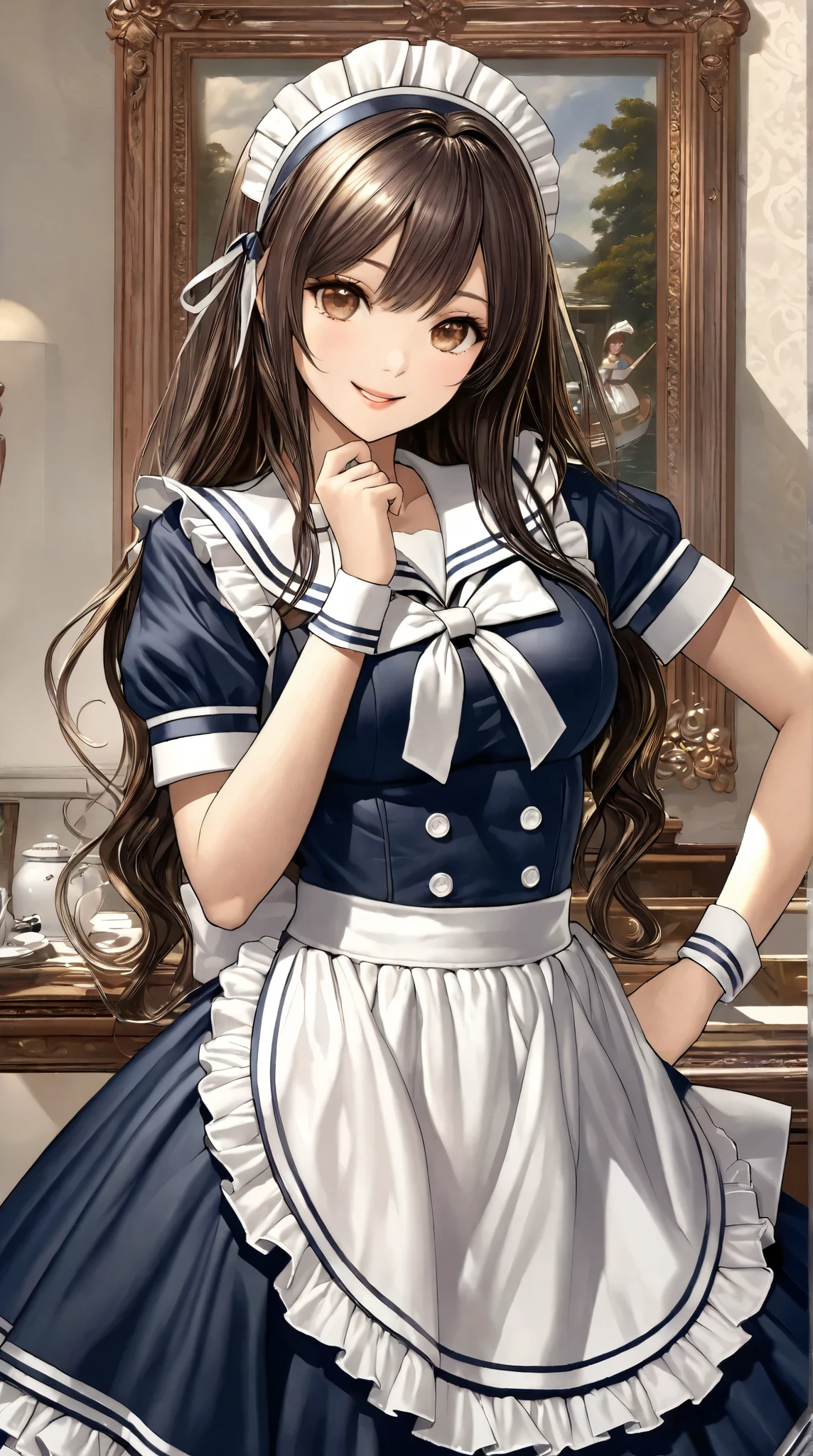 (( best quality )),( super high definition),( very detailed),( Detailed explanation ),(( best CG )),( Best Works of Art ), Ultra Precision Art, amazing painting art ,( Exact Detailed Art:1.5), woman, Sailor Maid Outfit , smile, 