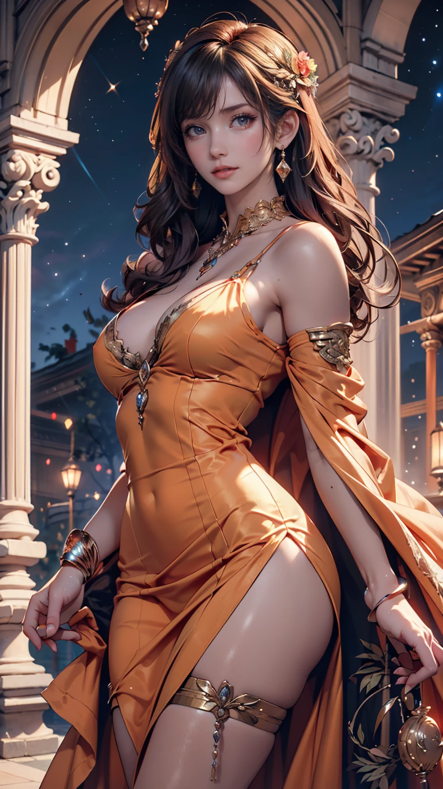 realistic, 1 women, best quality, 12k, HD, long hair, big round breasts, cleavage, ponytail, necklace, jewelry, shorts, short jacket, slim hips, hair tie, yellow eyes, black hair, super detailed, Eye details, hair details, person details, mouth details, face details, breast details, clothes details, hair details, pants details, hand details, whole body