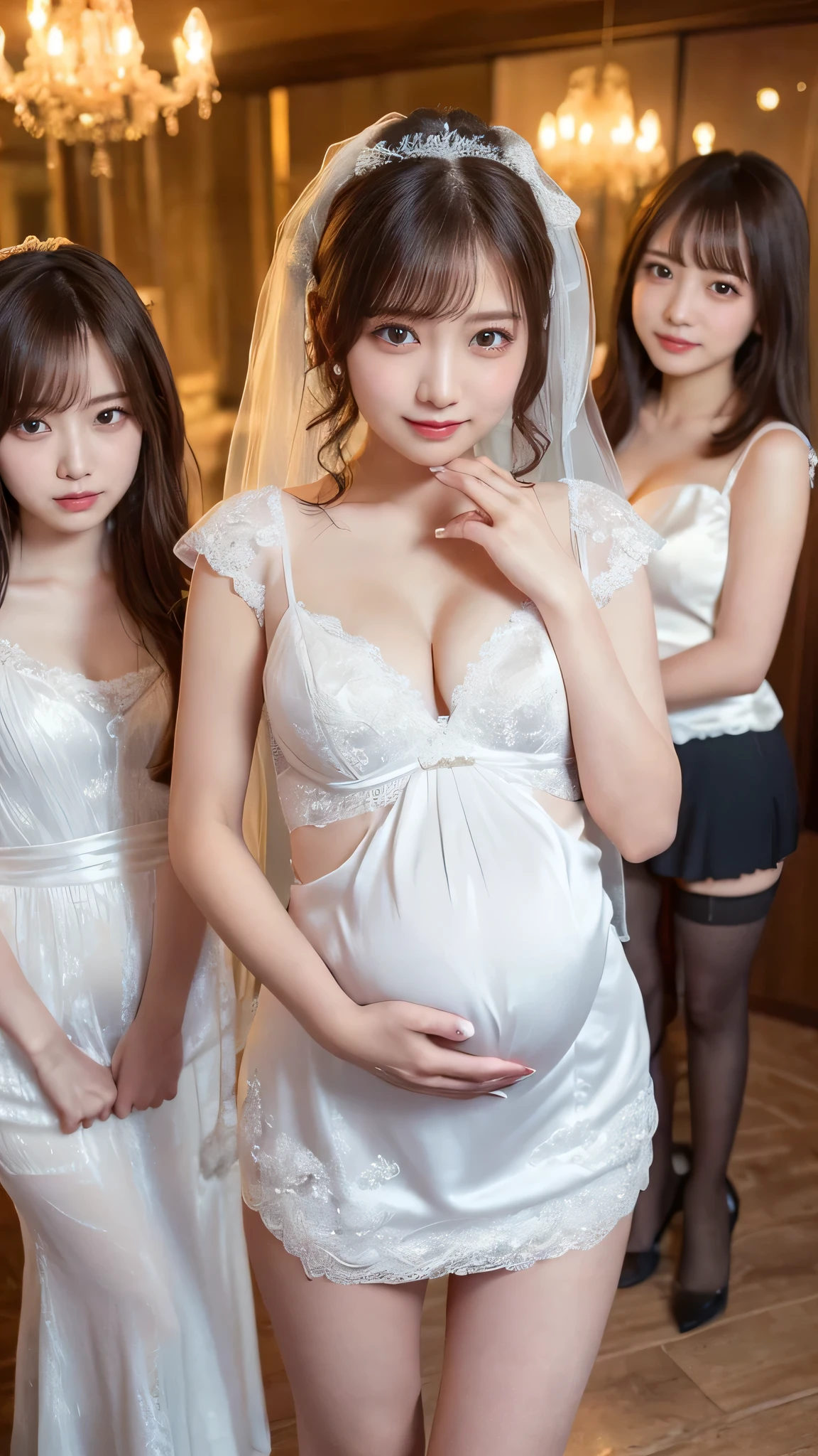 masterpiece, ((Highest quality))、wedding、(3 人のcute裸の女の子、Standing side by side、cute:1.4、12 years old:1.3、smile:1.3、smile、Various hairstyles、pubic hair)、(((Full nudity、tits、Pussy)))、(Realistic and detailed skin texture、Colorful Wedding Dresses:1.2、gem、hair ornaments、Veil、See through)