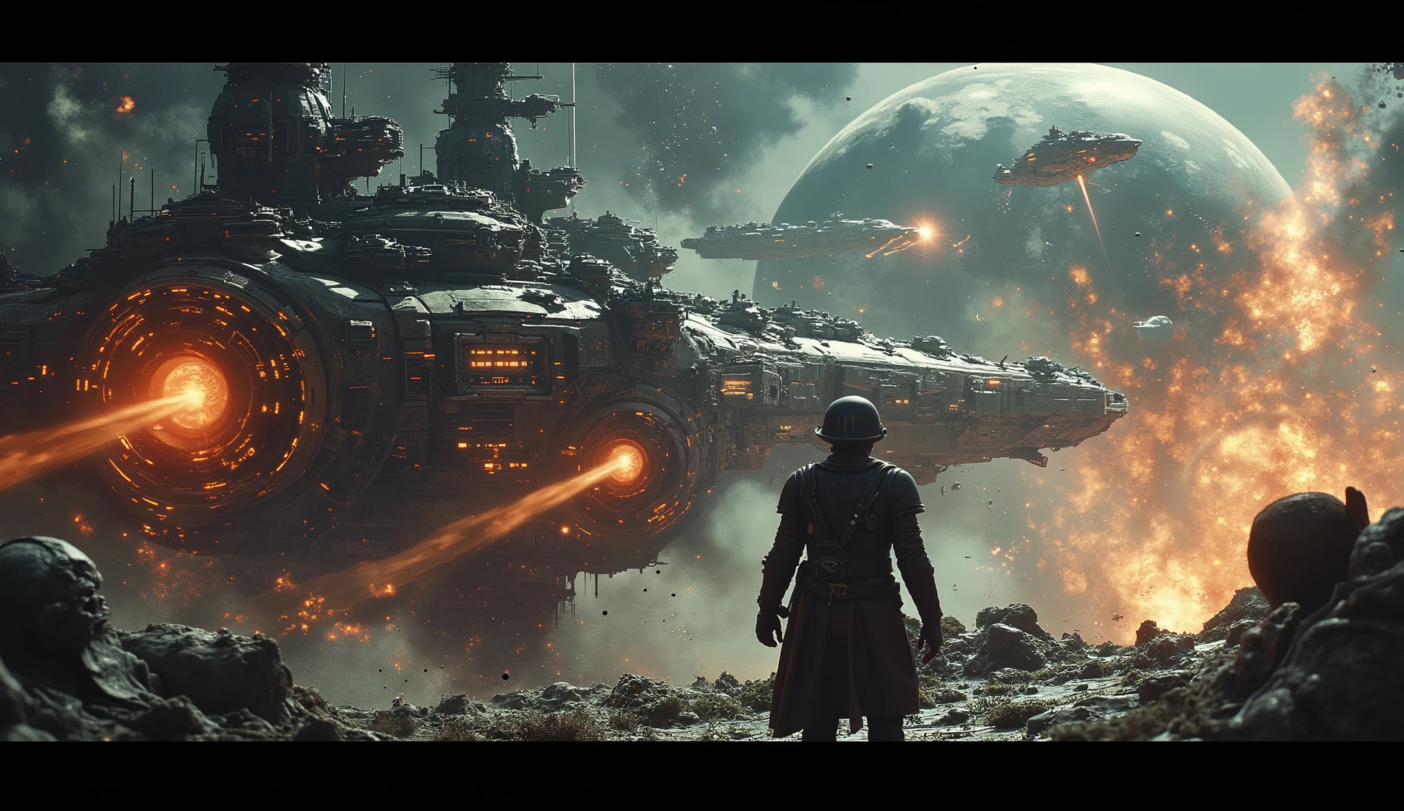 There is a man standing in front of a spaceship with a fireball - SeaArt AI
