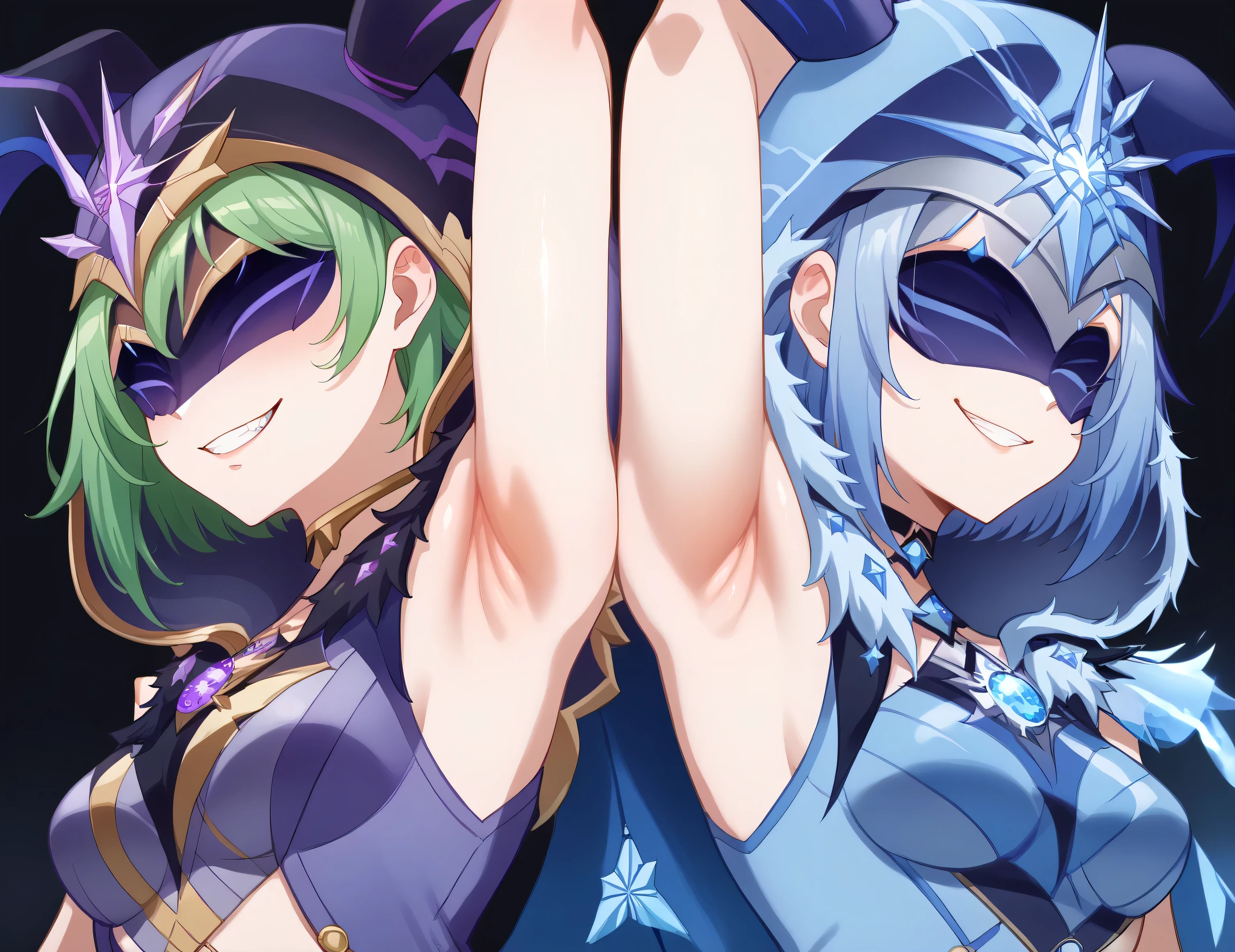 score_9, score_8_up, score_7_up, source_anime, anime screencap, 2girl, BREAK, electrocicin, green hair, short hair, eye mask, covered eyes, hood, hooded cloak, purple leotard, fur trim, bare shoulders, bare arms, arm behind head, armpit, head towards viewer, smile, smug, teeth, badhandv4, from side, from below, black background, medium breasts, BREAK, cryocicin, blue hair, eye mask, hood, hooded cloak, blue dress, halterneck, fur trim, diamond \(gemstone\), bare shoulders, bare arms, arm behind head, armpit, head towards viewer, smile, smug, teeth, badhandv4, from side, from below, black background, medium breasts