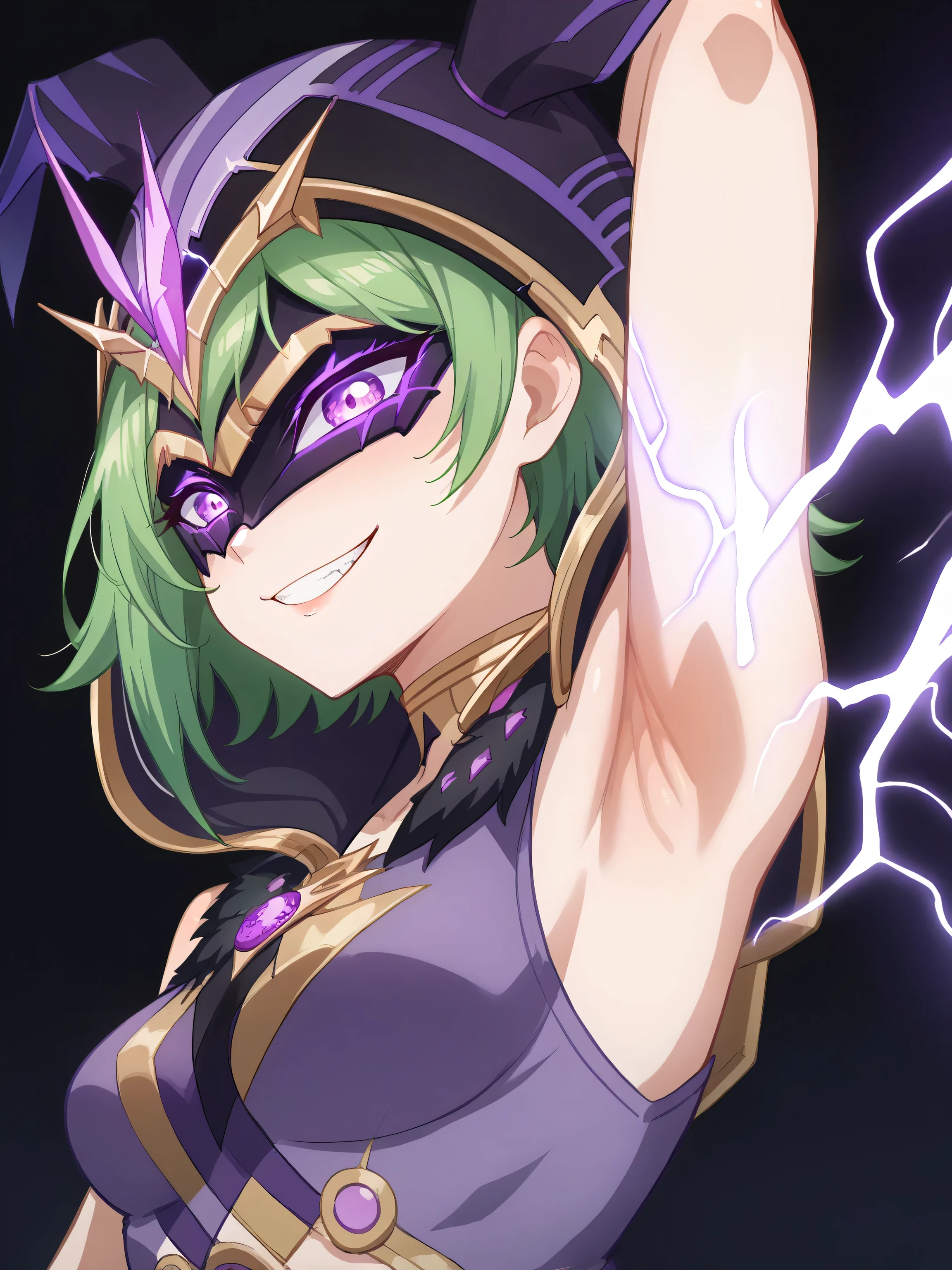 score_9, score_8_up, score_7_up, source_anime, anime screencap, 1girl, solo, electrocicin, green hair, short hair, eye mask, covered eyes, hood, hooded cloak, purple leotard, fur trim, bare shoulders, bare arms, arm behind head, armpit, head towards viewer, smile, smug, teeth, badhandv4, from side, from below, black background, electricity crackling, medium breasts