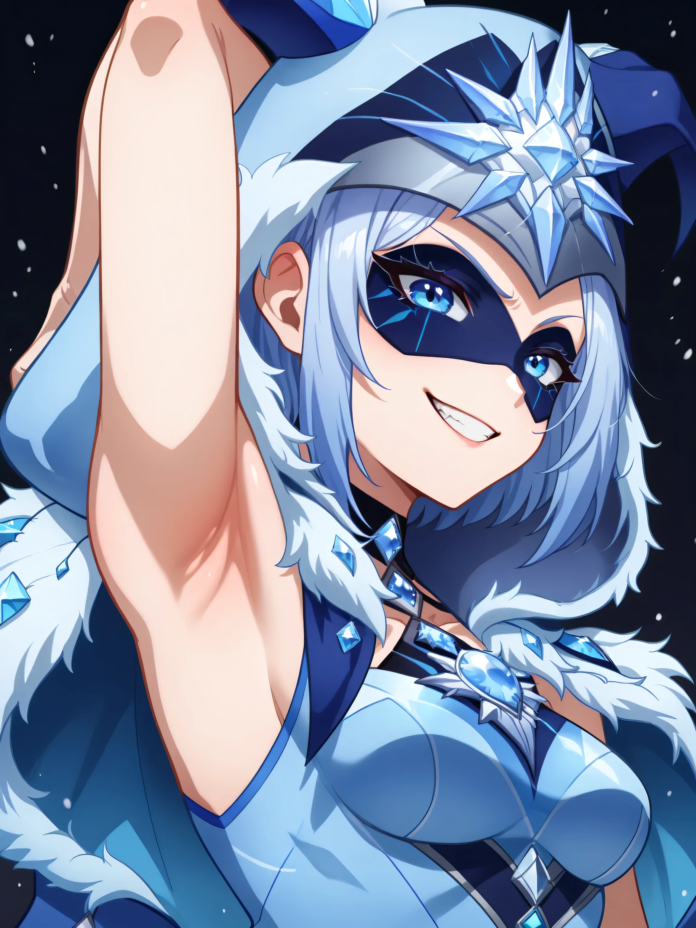score_9, score_8_up, score_7_up, source_anime, anime screencap, 1girl, solo, cryocicin, blue hair, eye mask, hood, hooded cloak, blue dress, halterneck, fur trim, diamond \(gemstone\), bare shoulders, bare arms, arm behind head, armpit, head towards viewer, smile, smug, teeth, badhandv4, from side, from below, black background, snow, blizzard, medium breasts