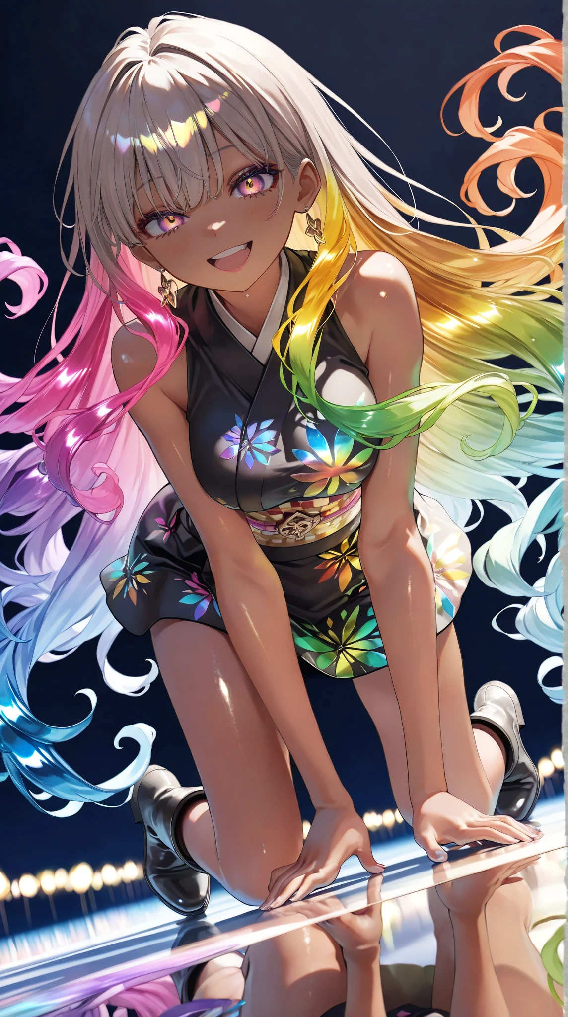 Masterpiece,最 High Quality , great quality,very aesthetic, ridiculous ,up to date, impactful photo , Official Art,iridescent, colorful, fine details, very detailed on trends, realistic details from blow , high saturation , High Quality 、 beautiful 、 glitter、 Gradation Hair 、Shiny Hair、1 female、solo, gold gradient eyes , makeup 、 brown skin、Watery Hair 、ネオンのようにGlowing Hair、 glitterな髪、 glitterエフェクト, Color Difference, 3D isometric, gold and iridescent gradient hairs、 8k octane , shoulder out、Glowing Hair、金髪で Gradation Hair 、 colorfulな虹色の髪、 overexposed side by side with peacocks, Black Boots 、 from head to foot、Long character design drawing , Cinematography, series of character actions, Impressionism, Blurred Background , Decorative Art, iridescent neon 、Black kimono、short kimono、 Simple Background 、Above Water 、Rainbow Water、 straight hair、 supine 、 Shiny Hair, Too much hair, Simple Background , sticks out of the screen, wide angle shot, 、 yandere