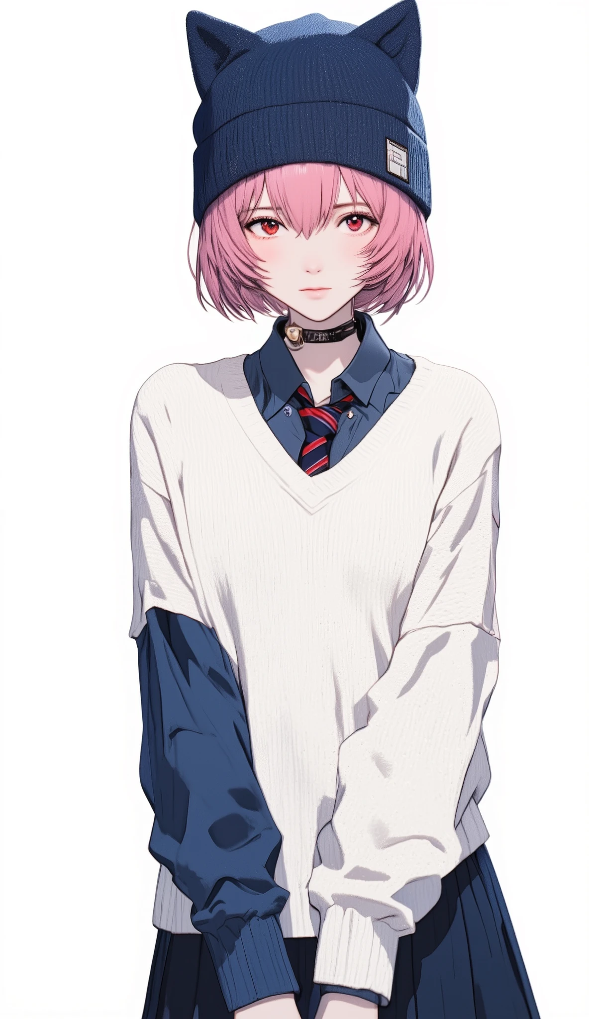 pink hair 、Large white long sleeve V wearing a neck sweater 、 short hair while on a business trip 、blue eyes、 Japanese high school girl style 、 navy blue knitted hat with cat ears 、V shirt with blue sleeves underneath the neck sweater、 with red and navy blue stripes loosely worn、Necktie is inside a knit 、 pure white background full of light 、 that area shines brightly 、 full of cross lights 、Yoko face、