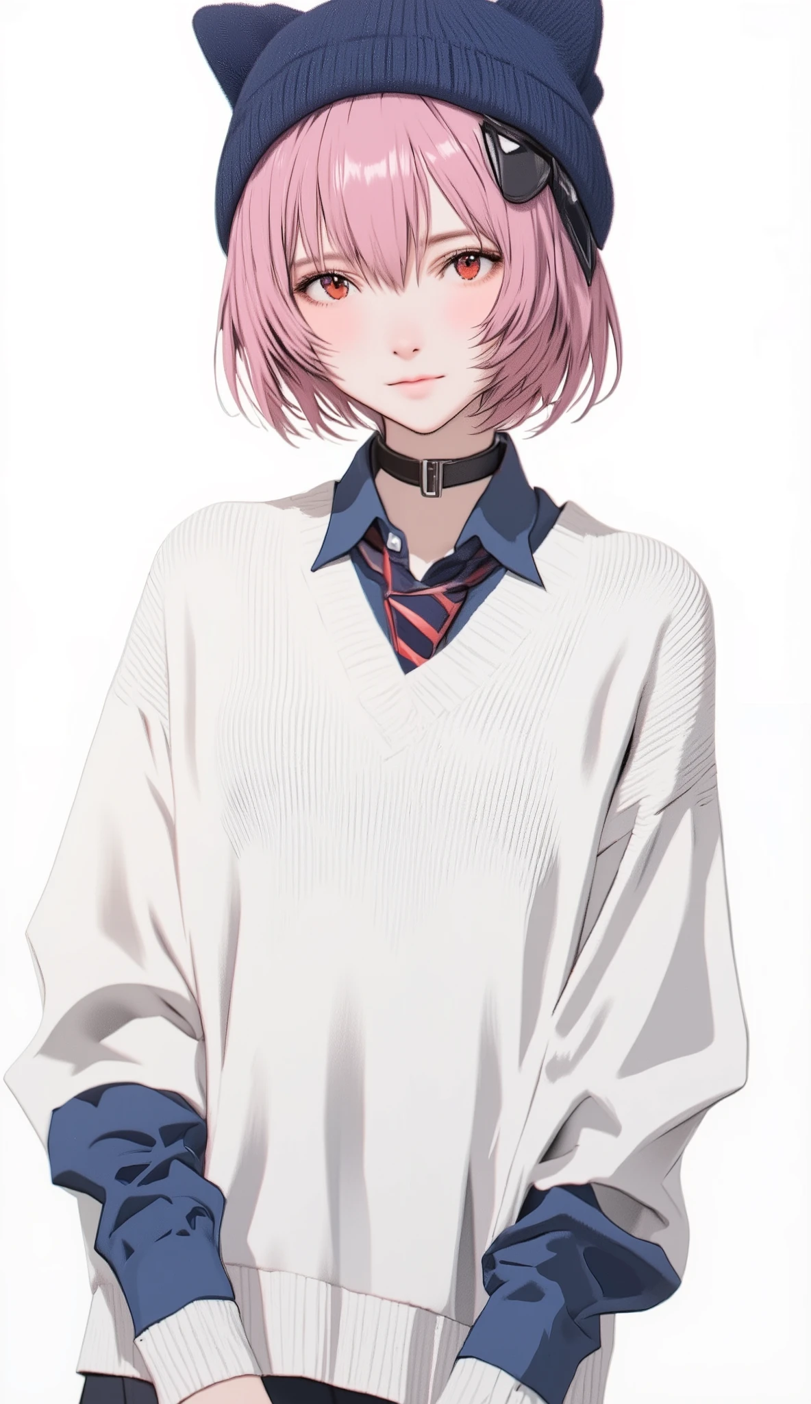 pink hair 、Large white long sleeve V wearing a neck sweater 、 short hair while on a business trip 、blue eyes、 Japanese high school girl style 、 navy blue knitted hat with cat ears 、V neck shirt with blue sleeves underneath the sweater 、 with red and navy blue stripes loosely worn、Necktie is inside a knit 、 pure white background full of light 、 that area shines brightly 、 full of cross lights 、Yoko face、