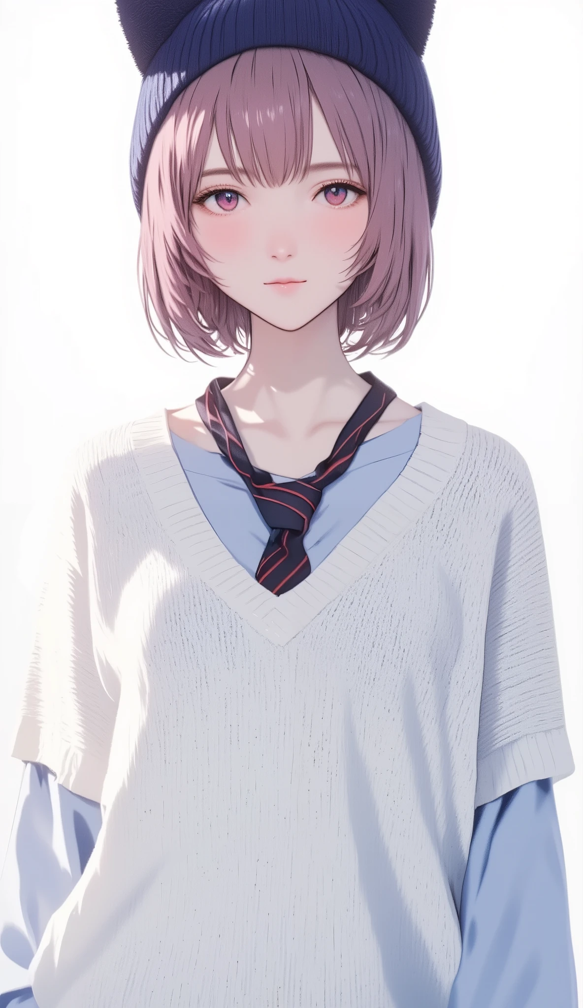  pink hair  、Large white long sleeve Ｖ wearing a neck sweater  、  short hair while on a business trip 、blue eyes、  Japanese high school girl style 、 navy blue knitted hat with cat ears 、Ｖ neck shirt with blue sleeves underneath the sweater 、 with red and navy blue stripes loosely worn、Necktie is inside a knit 、 pure white background full of light 、 that area shines brightly 、 full of cross lights  、Yoko face、