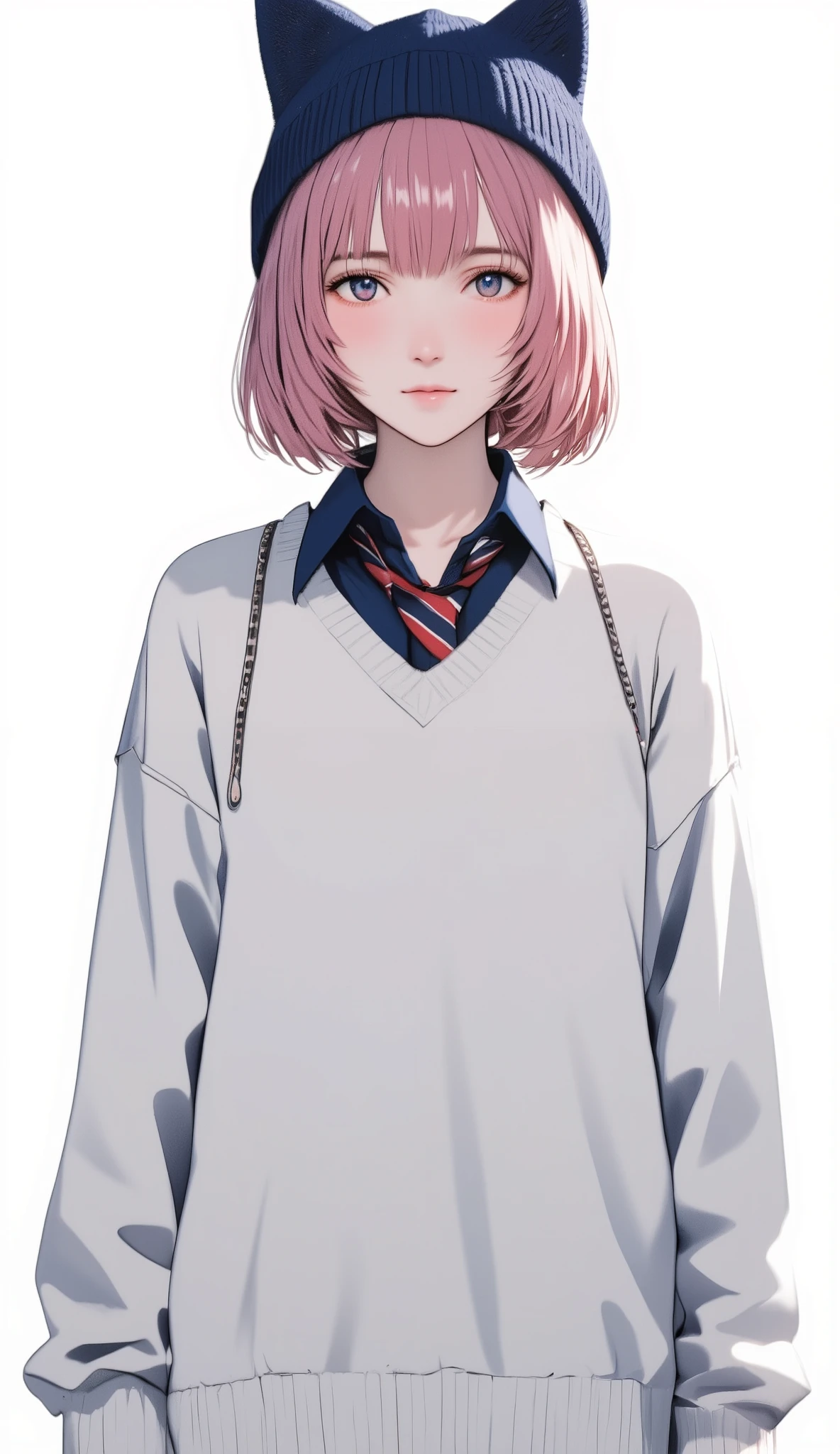 pink hair 、Large white long sleeve V wearing a neck sweater 、 short hair while on a business trip 、blue eyes、 Japanese high school girl style 、 navy blue knitted hat with cat ears 、V neck shirt with blue sleeves underneath the sweater 、 with red and navy blue stripes loosely worn、Necktie is inside a knit 、 pure white background full of light 、 that area shines brightly 、 full of cross lights 、Yoko face、