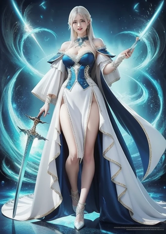 (8k), (Highest quality: 1.2), (Realistic), (Realistic: 1.37), Ultra-high resolution, 1 person, cute, Smiling face, Beautiful details, narrow, (Large Breasts), Iridescent cloak, Rainbow Sword, Marine blue heavy mecha armor, transparent, Sexy muscular female body, whole body.Long, slender legs、Glowing Sword、whole body、Floating in the sky