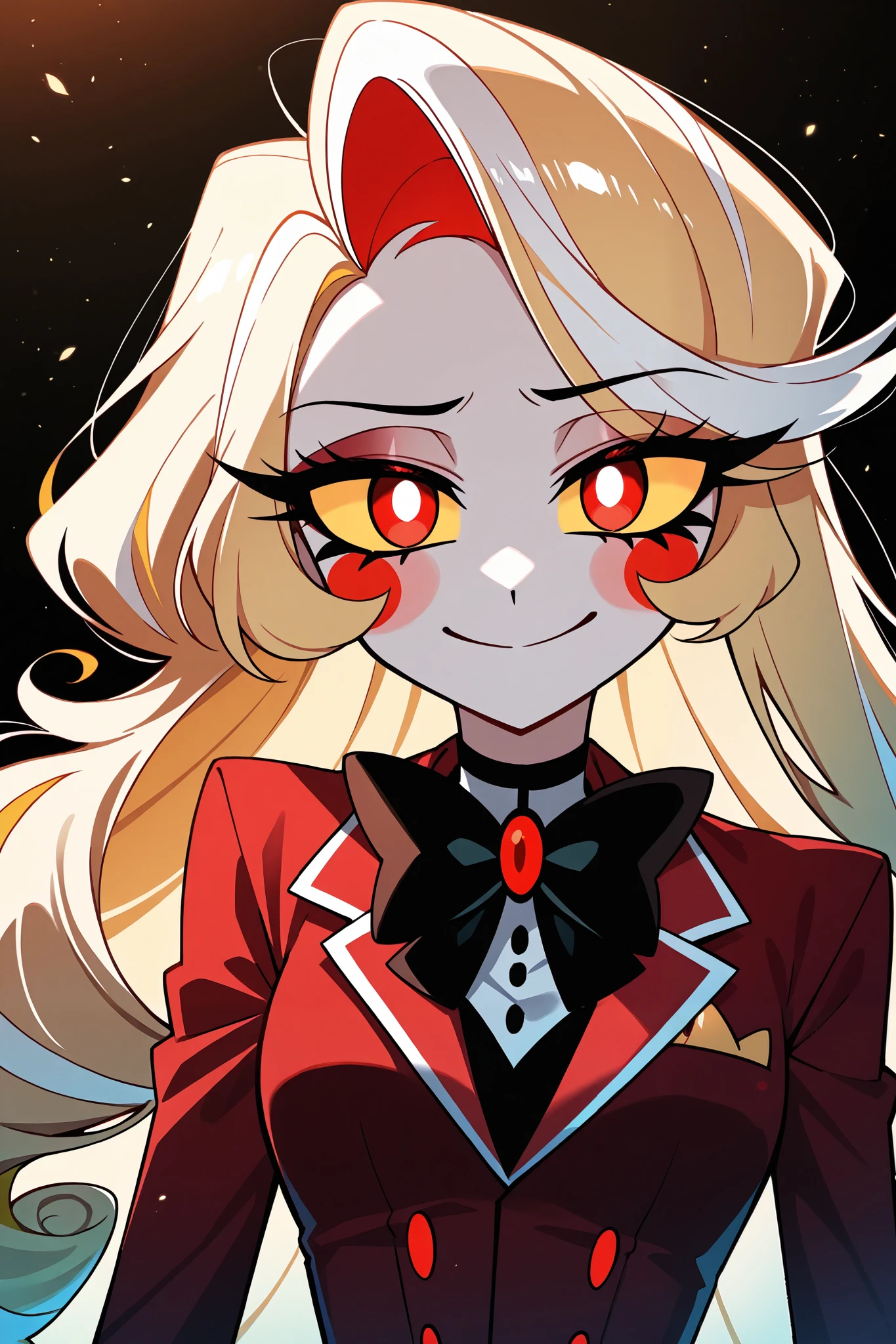 (Charlie Morningstar Hazbin Hotel), a blonde haired woman, long flowing curly hair, yellow sclera,red eyes, blush stickers, roses, soft lighting, 8k resolution 