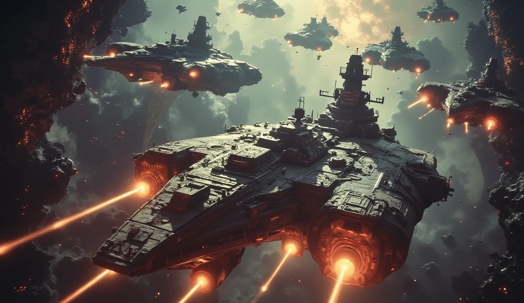 "Show a dramatic space battle scene with a fleet of human ships defiantly facing off against an enormous alien armada, with a bright, glowing planet in the background. In the foreground, a powerful human battleship should be highlighted, with beams of energy radiating from it as it stands its ground. Make the background dark, with a sense of chaos and destruction, but with a hopeful light coming from the human fleet, symbolizing hope and strength. Add some futuristic sci-fi visuals like glowing energy shields and laser beams to make the scene more intense."