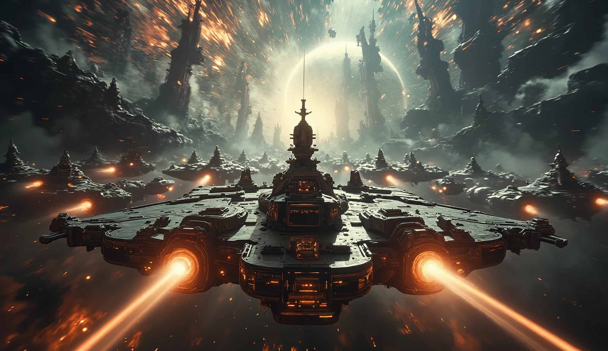"Show a dramatic space battle scene with a fleet of human ships defiantly facing off against an enormous alien armada, with a bright, glowing planet in the background. In the foreground, a powerful human battleship should be highlighted, with beams of energy radiating from it as it stands its ground. Make the background dark, with a sense of chaos and destruction, but with a hopeful light coming from the human fleet, symbolizing hope and strength. Add some futuristic sci-fi visuals like glowing energy shields and laser beams to make the scene more intense."
