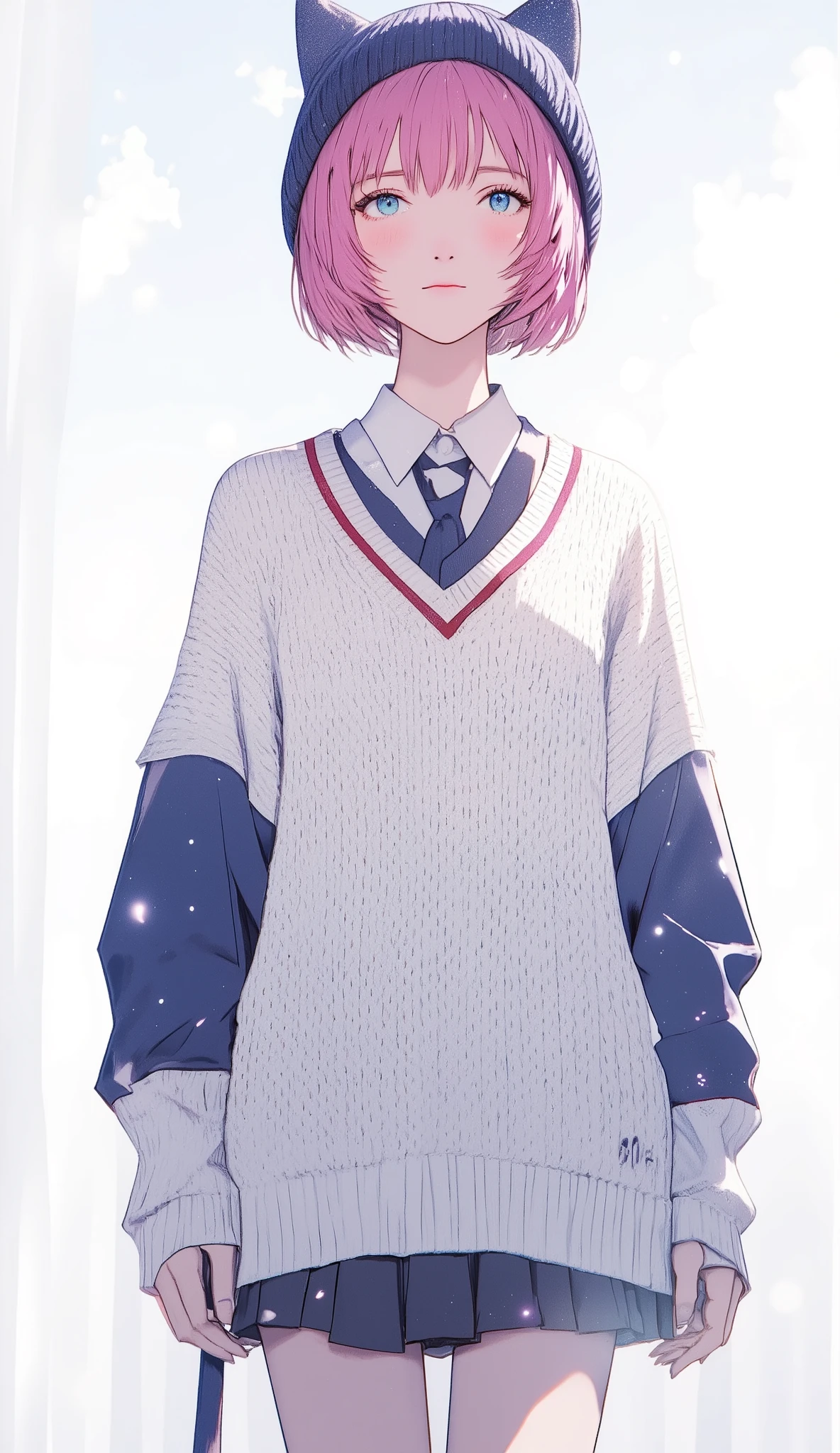 profile、 pink hair 、Large white long sleeve V wearing a neck sweater 、 short hair while on a business trip 、blue eyes、 Japanese high school girl style 、 navy blue knitted hat with cat ears 、V shirt with blue sleeves underneath the neck sweater、 with red and navy blue stripes loosely worn、Necktie is inside a knit 、 pure white background full of light 、 that area shines brightly 、 full of cross lights 、 Looking Up at the Sky 、