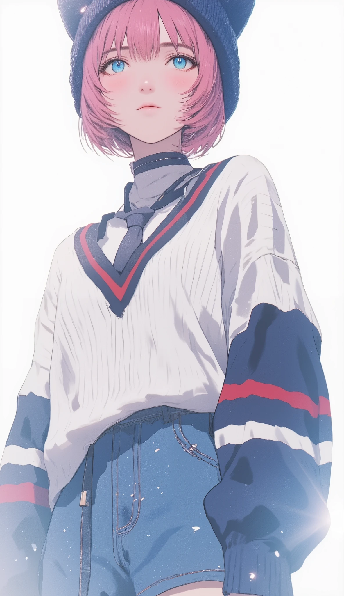 profile、 pink hair 、Large white long sleeve V wearing a neck sweater 、 short hair while on a business trip 、blue eyes、 Japanese high school girl style 、 navy blue knitted hat with cat ears 、V shirt with blue sleeves underneath the neck sweater、 with red and navy blue stripes loosely worn、Necktie is inside a knit 、 pure white background full of light 、 that area shines brightly 、 full of cross lights 、 Looking Up at the Sky 、