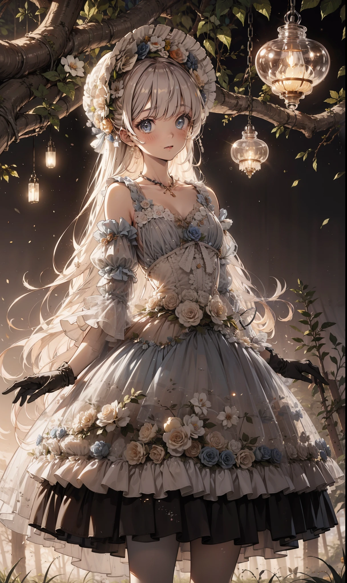 masterpiece, best quality, Super detailed in a humid forest , illustration, 极其精致 Beautiful , 1 girl, unique , Seductive Posture,flower,( Beautiful ,Large target_Chest),Giggles,ta_skirt,nature,flower园, Transparent fabric ,Lace,Puff sleeves, detailed stripes and decorations ,Long gloves,Dusk background