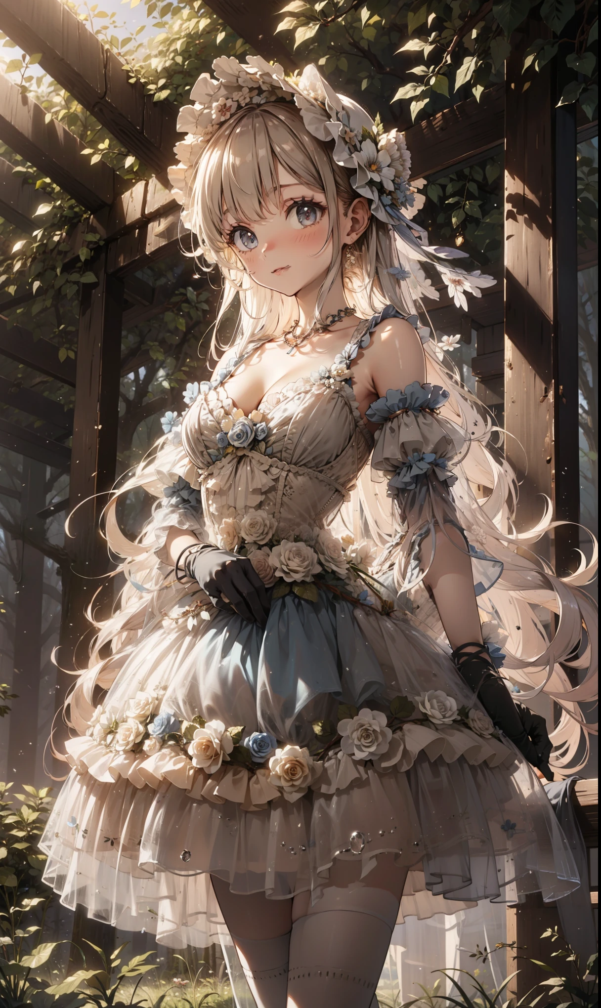 masterpiece, best quality, Super detailed in a humid forest , illustration, 极其精致 Beautiful , 1 girl, unique , Seductive Posture,flower,( Beautiful ,Large target_Chest),Giggles,ta_skirt,nature,flower园, Transparent fabric ,Lace,Puff sleeves, detailed stripes and decorations ,Long gloves,Dusk background