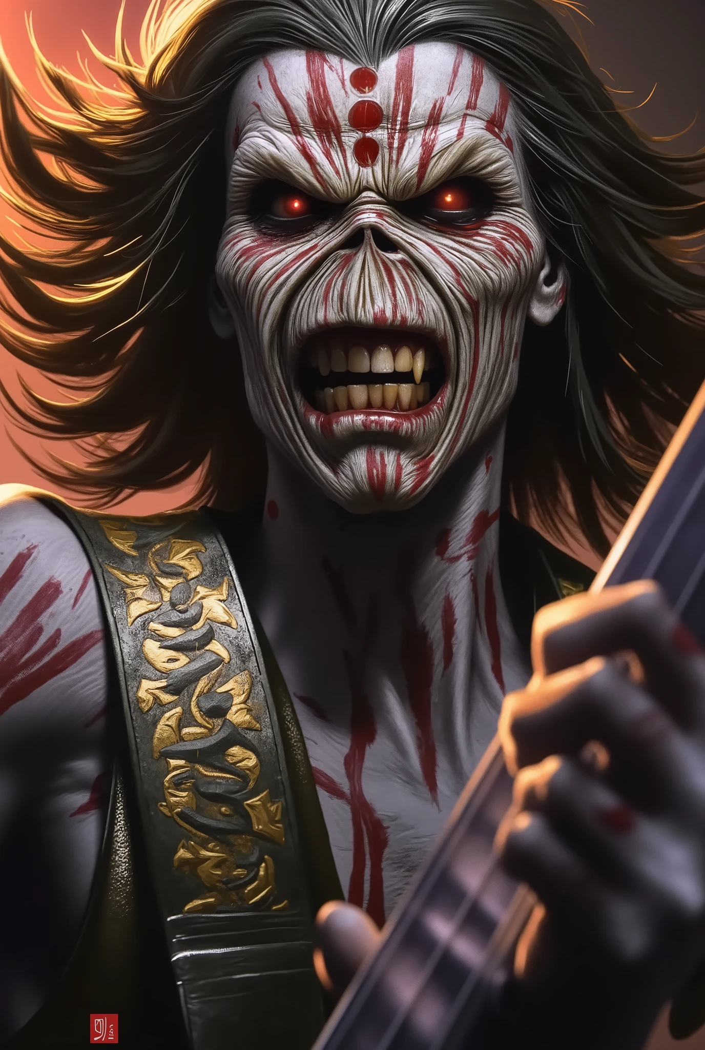 Close-up face , Eddie in dynamic zombie pose ((wearing múmia costume )), múmia clothes, raiva, (((playing guitar))), Estilo Iron Maiden, Eddie do Iron Maiden. foto crua de alta qualidade, excellent composition (cinematic lighting, cinematic colors, texto, obra de arte, alto detalhe, melhor qualidade, fotorrealismo, Ultrarrealismo, 8K HDR: 1.2), abstract galaxy and thunder background.