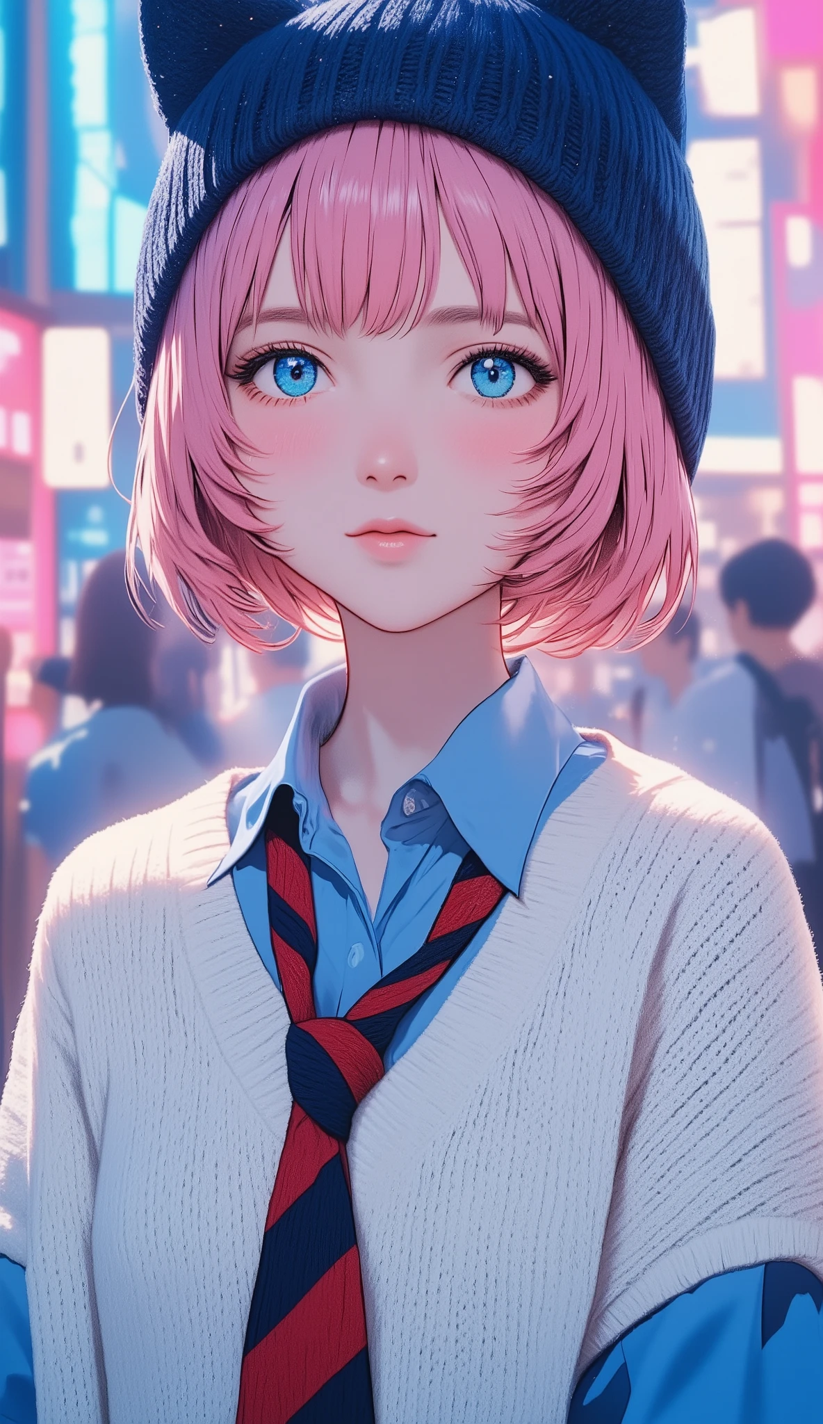 profile、 pink hair 、Large white long sleeve V wearing a neck sweater 、 short hair while on a business trip 、blue eyes、 Japanese high school girl style 、 navy blue knitted hat with cat ears 、V neck shirt with blue sleeves underneath the sweater 、 with red and navy blue stripes loosely worn、Necktie is inside a knit 、 upper body、colorful light background、 that area shines brightly 、 full of cross lights 、 Looking Up at the Sky 、