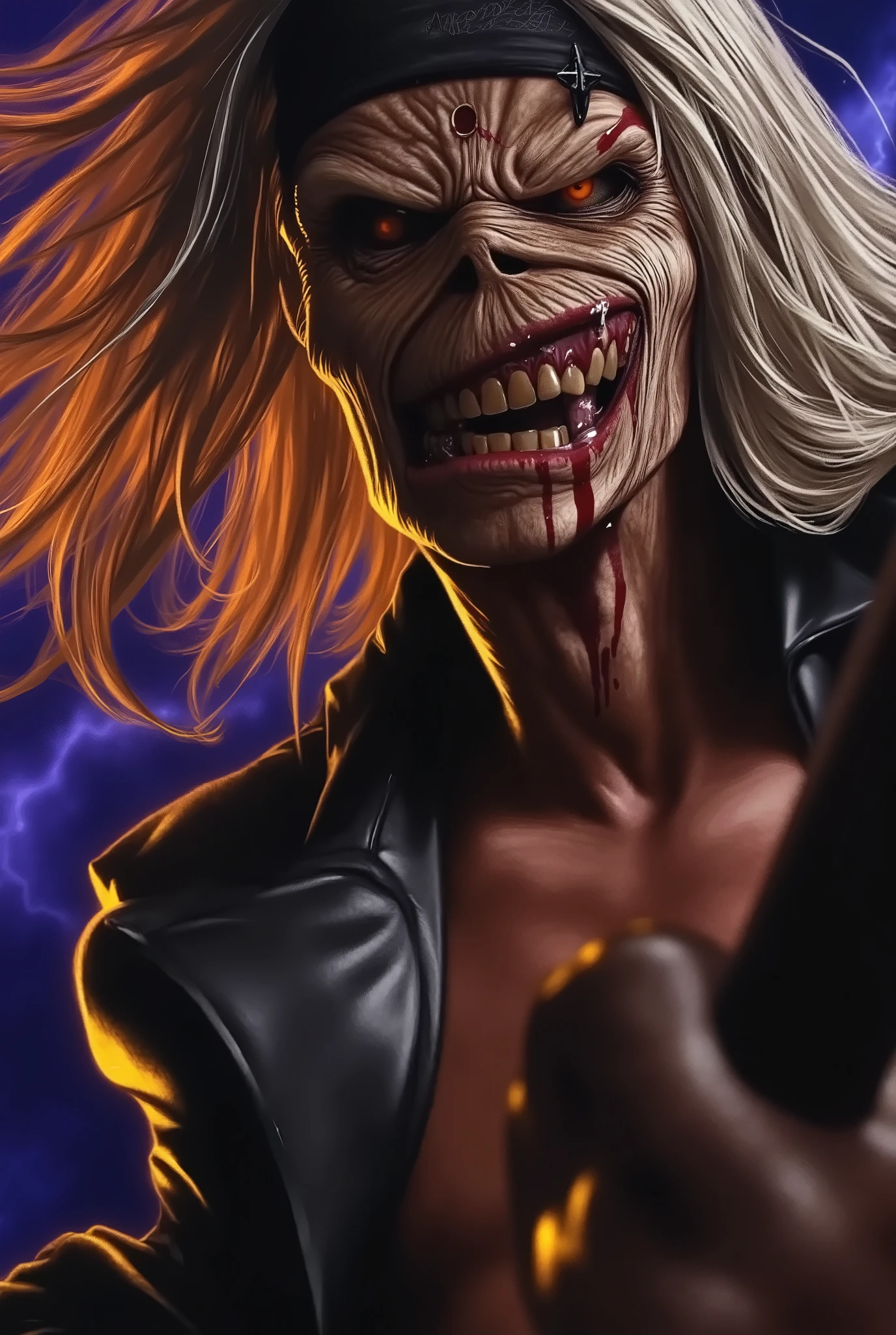 Close-up face , Eddie in dynamic zombie pose ((wearing múmia costume )), múmia clothes, raiva, (((playing guitar))), Estilo Iron Maiden, Eddie do Iron Maiden. foto crua de alta qualidade, excellent composition (cinematic lighting, cinematic colors, texto, obra de arte, alto detalhe, melhor qualidade, fotorrealismo, Ultrarrealismo, 8K HDR: 1.2), abstract galaxy and thunder background.