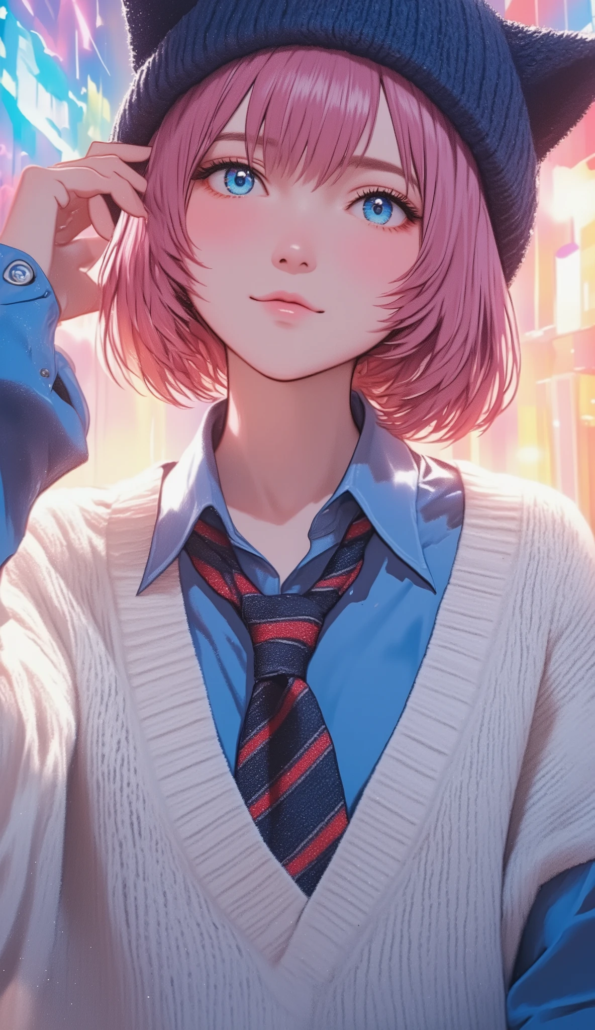 profile、 pink hair 、Large white long sleeve V wearing a neck sweater 、 short hair while on a business trip 、blue eyes、 Japanese high school girl style 、 navy blue knitted hat with cat ears 、V neck shirt with blue sleeves underneath the sweater 、 with red and navy blue stripes loosely worn、Necktie is inside a knit 、 upper body、colorful light background、 that area shines brightly 、 full of cross lights 、 Looking Up at the Sky 、