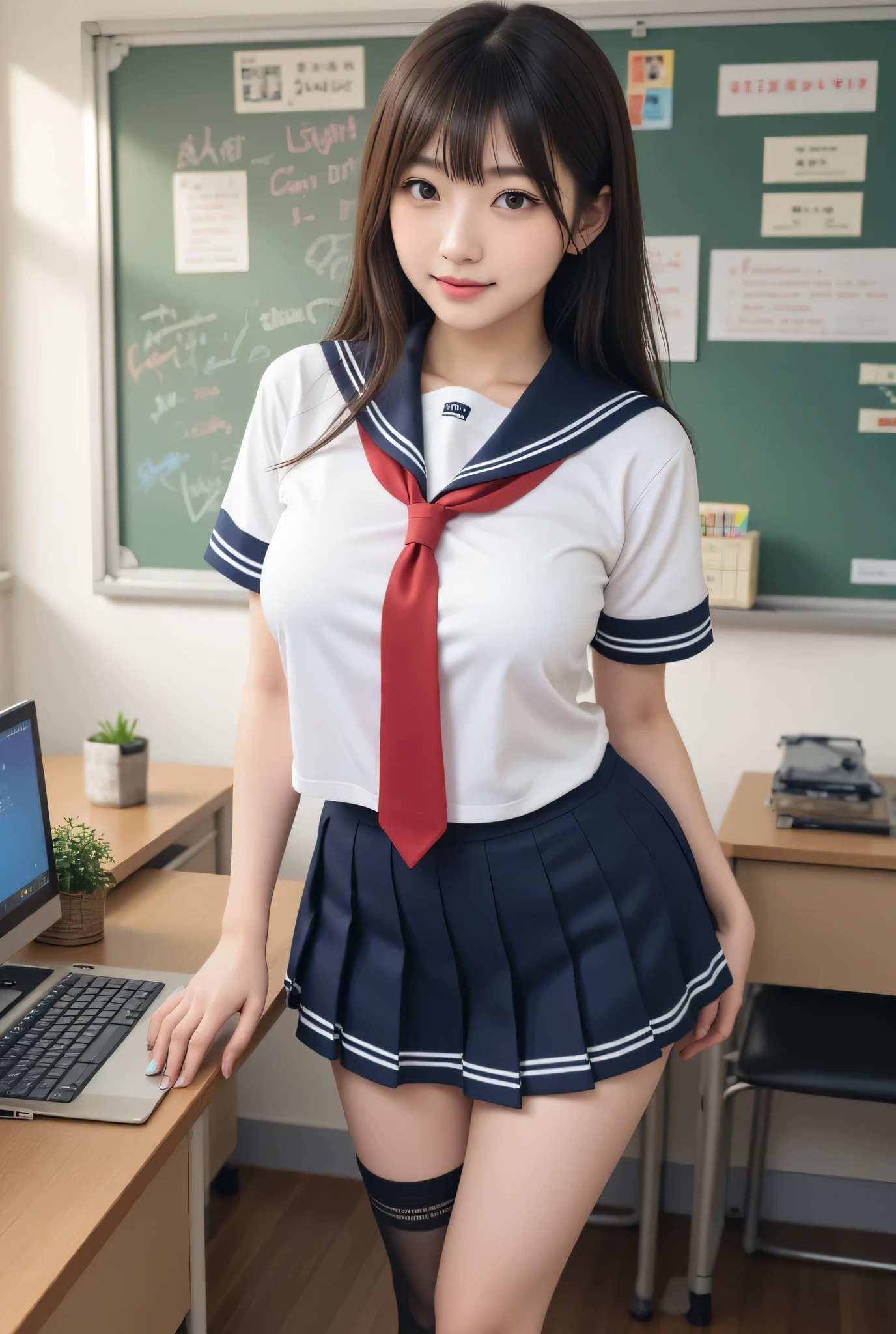 japanese cute idol, Japanese cute girl, kawaii, a beautiful young girl dressed up as a sailor girl in the school teacher's room , 1girl, solo, school uniform, serafuku, skirt, black hair, long hair, looking at viewer, socks, masterpiece, best quality, hyper detailed, insanely detailed, 16k, absurdres, japanese,cute, kawaii, photorealistic, Realism, raw photo, real person , nsfw , nipples, nsfw , shirt lift , underwear , bra