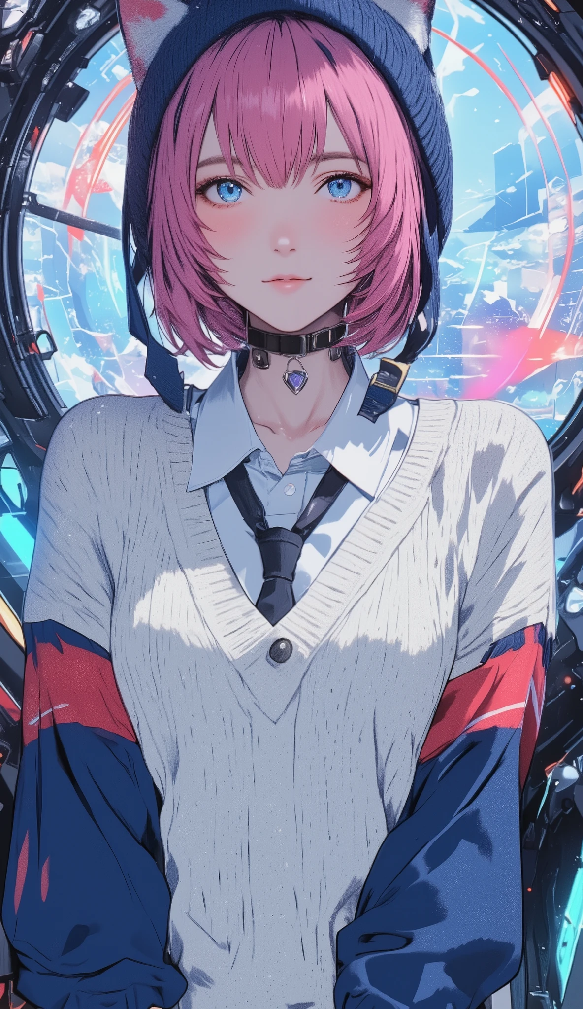 pink hair 、Large white long sleeve V wearing a neck sweater 、 short hair while on a business trip 、blue eyes、 Japanese high school girl style 、 navy blue knitted hat with cat ears 、V neck shirt with blue sleeves underneath the sweater 、 with red and navy blue stripes loosely worn、Necktie is inside a knit 、 upper body、A robot cockpit that maneuvers according to body movements、colorful light background、 that area shines brightly 、 full of cross lights 、 Looking Up at the Sky 、