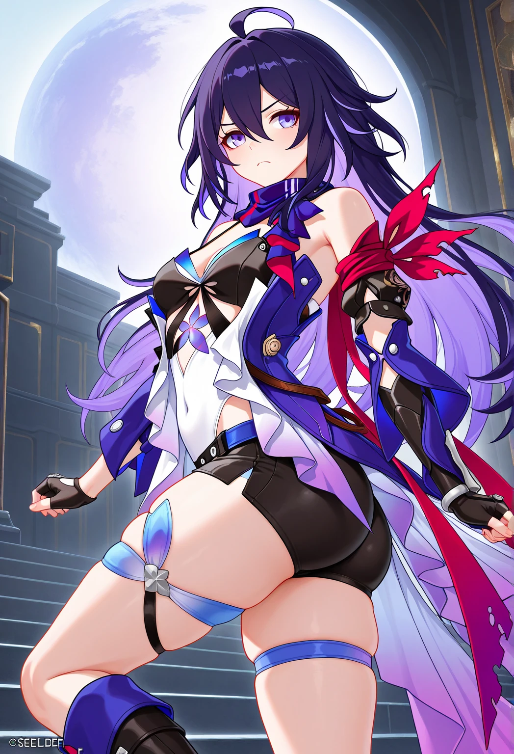 (masterpiece, best quality, beautiful detailed eyes, intricate details), 4k
1girl, solo, full body,
<lora:seele_hsrv2:1> jeloseele, purple scarf, highleg leotard, detached sleeves, black gloves, short shorts
<lora:raita:1> perky breasts