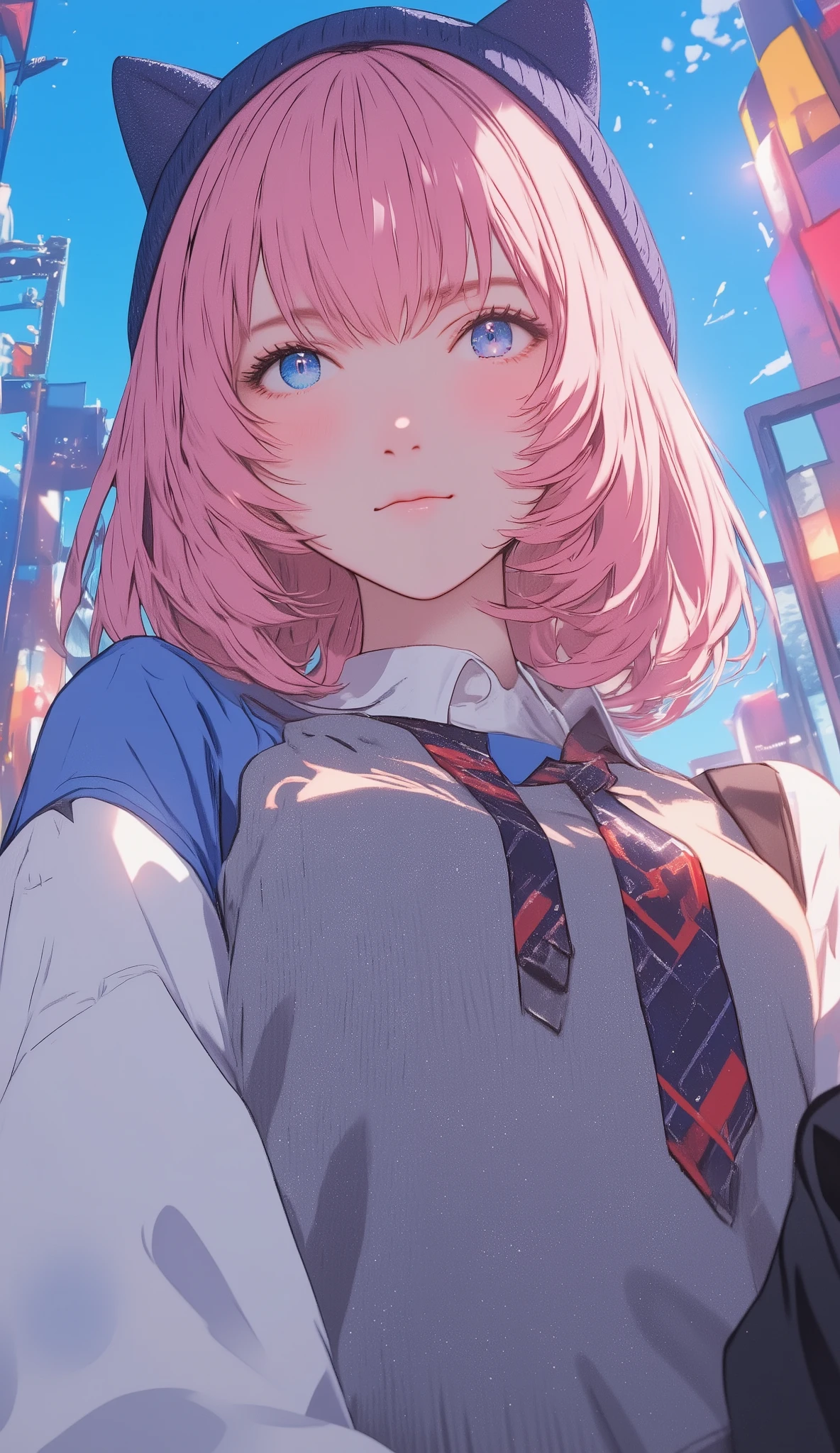 and look up your profile、 pink hair 、Large white long sleeve V wearing a neck sweater 、 short hair while on a business trip 、blue eyes、 Japanese high school girl style 、 navy blue knitted hat with cat ears 、V neck shirt with blue sleeves underneath the sweater 、 with red and navy blue stripes loosely worn、Necktie is inside a knit 、 upper body、colorful light background、 that area shines brightly 、 full of cross lights 、 Looking Up at the Sky 、
