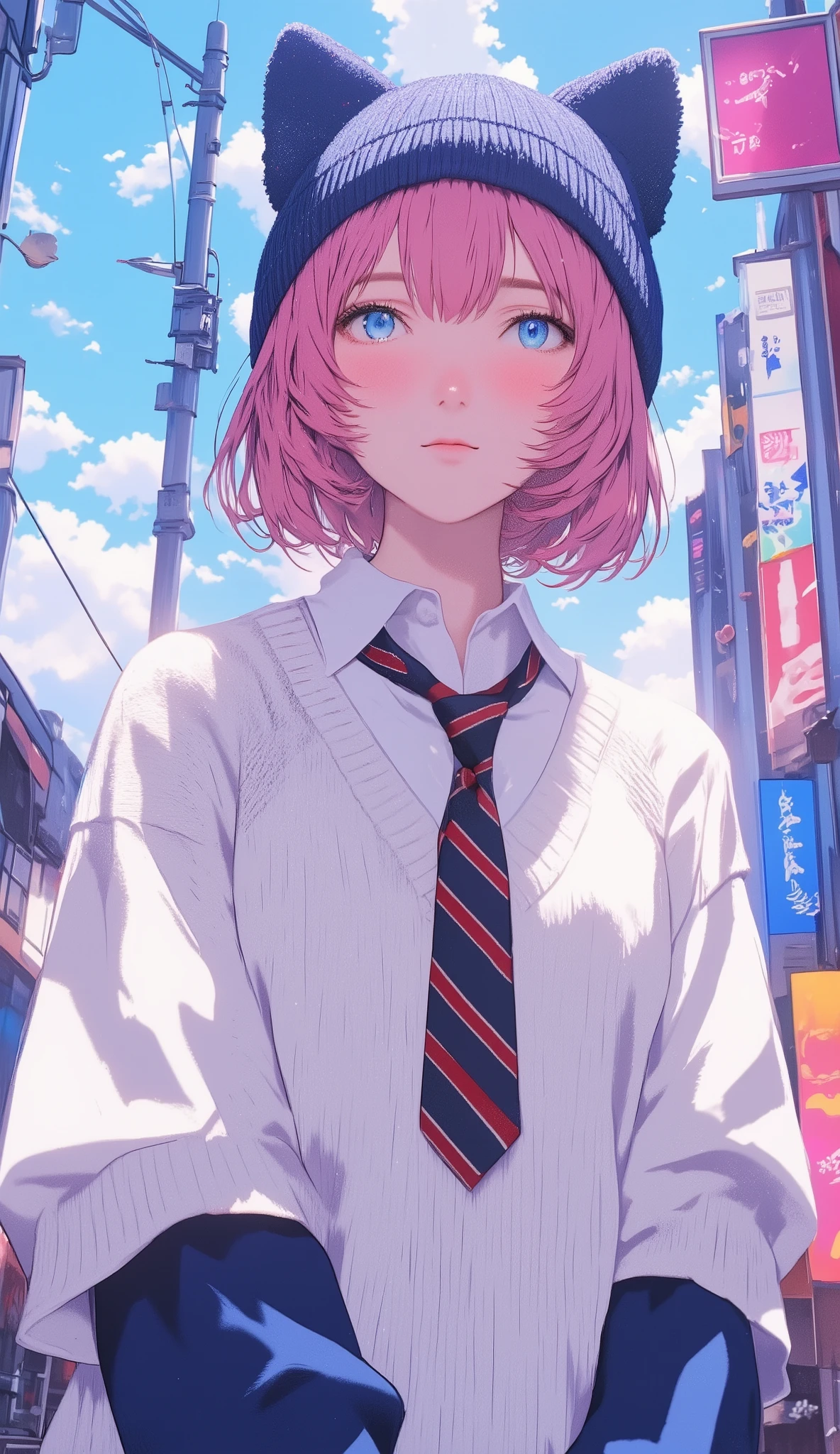 and look up your profile、 pink hair 、Large white long sleeve V wearing a neck sweater 、 short hair while on a business trip 、blue eyes、 Japanese high school girl style 、 navy blue knitted hat with cat ears 、V neck shirt with blue sleeves underneath the sweater 、 with red and navy blue stripes loosely worn、Necktie is inside a knit 、 upper body、colorful light background、 that area shines brightly 、 full of cross lights 、 Looking Up at the Sky 、