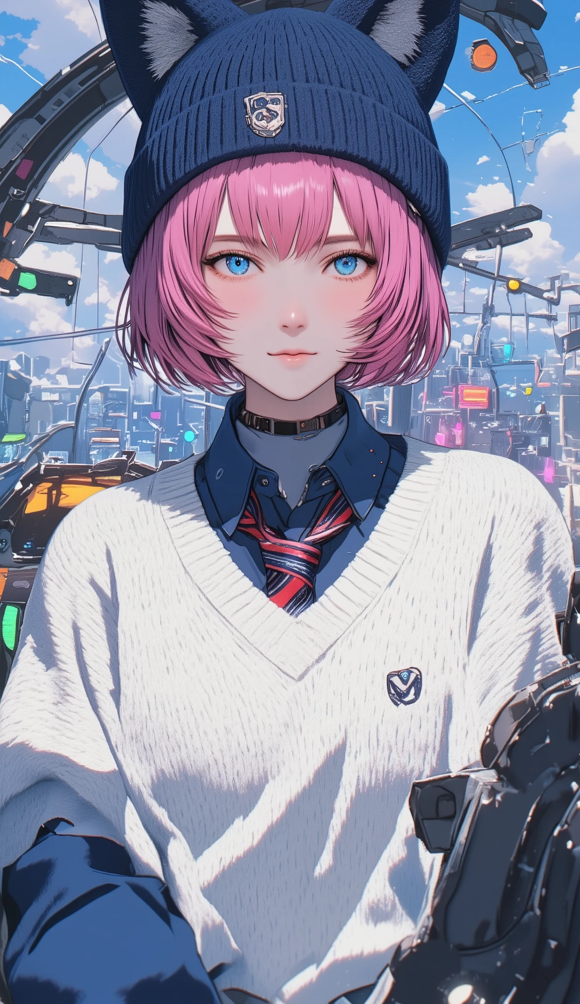 pink hair 、Large white long sleeve V wearing a neck sweater 、 short hair while on a business trip 、blue eyes、 Japanese high school girl style 、 navy blue knitted hat with cat ears 、V shirt with blue sleeves underneath the neck sweater、 with red and navy blue stripes loosely worn、Necktie is inside a knit 、 upper body、A robot cockpit that maneuvers according to body movements、colorful light background、 that area shines brightly 、 full of cross lights 、 Looking Up at the Sky 、