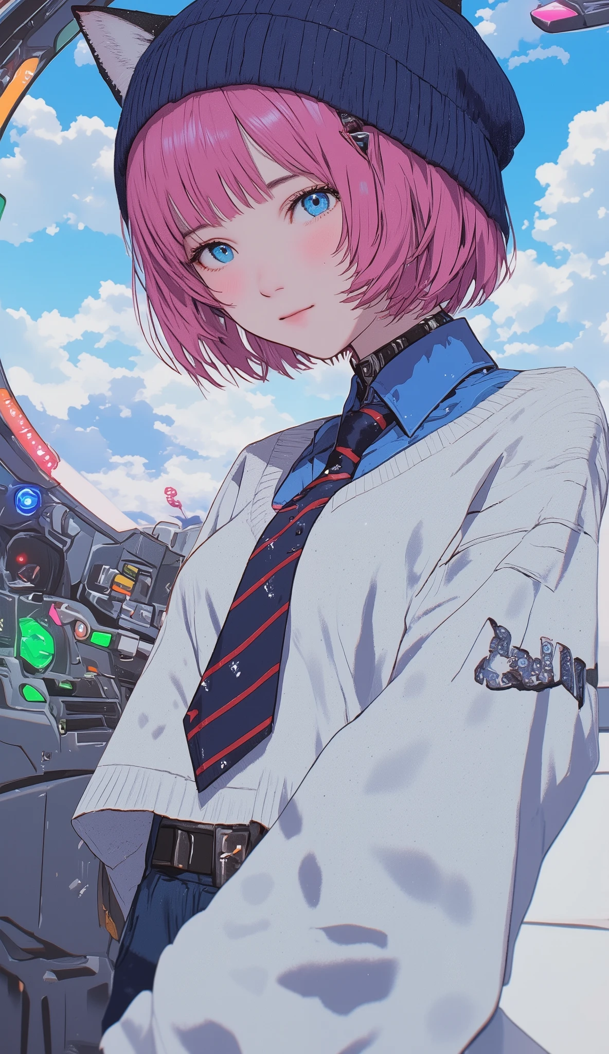 pink hair 、Large white long sleeve V wearing a neck sweater 、 short hair while on a business trip 、blue eyes、 Japanese high school girl style 、 navy blue knitted hat with cat ears 、V neck shirt with blue sleeves underneath the sweater 、 with red and navy blue stripes loosely worn、Necktie is inside a knit 、 upper body、A robot cockpit that maneuvers according to body movements、colorful light background、 that area shines brightly 、 full of cross lights 、 Looking Up at the Sky 、