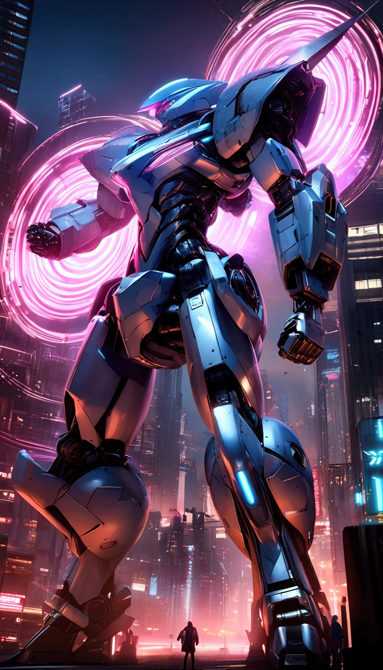 a massive, towering mecha robot, hyper-detailed, cinematic pose, glowing blue energy core, intricate mechanical design, advanced technology, sleek metallic body, urban cityscape background, neon lights, dramatic lighting, cinematic composition, photorealistic, 8k, hyper detailed, masterpiece