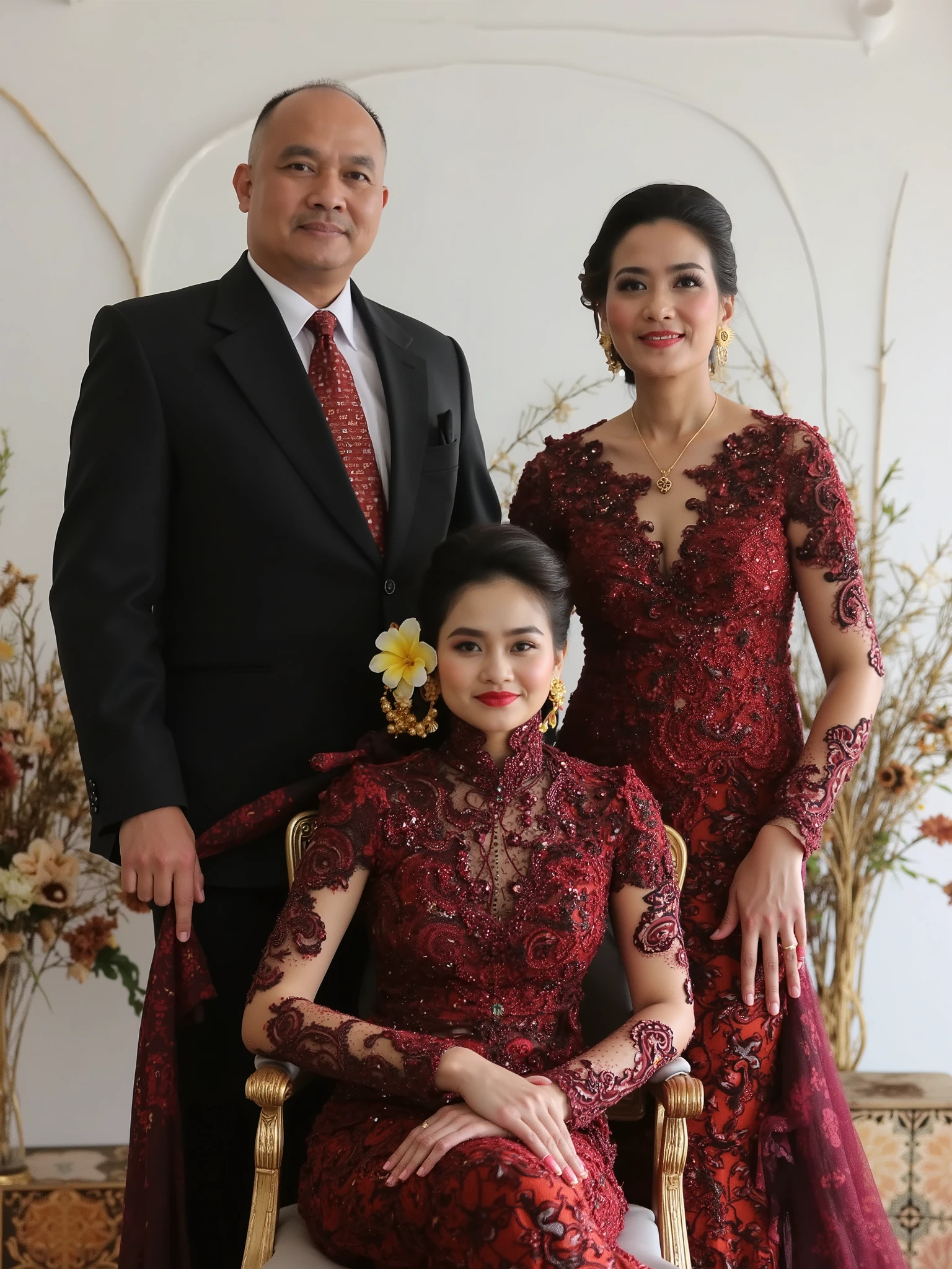 A stunning, UHD photo full body of an Indonesian family elegantly dressed for a special occasion. The 50-y-o father wear a black suit, standing. The mother, also 50, captivates in a maroon Javanese kebaya, showcasing traditional Indonesian attire, hair in a bun, sits oi chair. Their doughter aged 23 mirrors her mother's elegant attire, wearing the same beautiful kebaya. The background in studio foto with white wall moulding, dry flower vases, good lighting, full color.