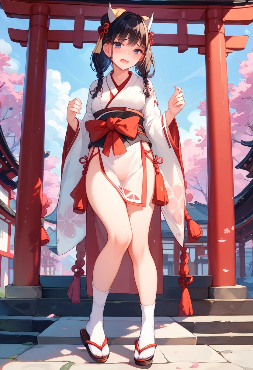 ((masterpiece,best quality)),1girl, nsfw, short skirt, no underwear, skirt lift, black ribbon, black hair, cherry blossoms, day, flower, hair bun, hair ribbon, japanese clothes, long hair, looking at viewer, outdoors, red eyes, red hair, ribbon, sandals, single hair bun, stairs, standing, statue, torii, tree, yellow eyes