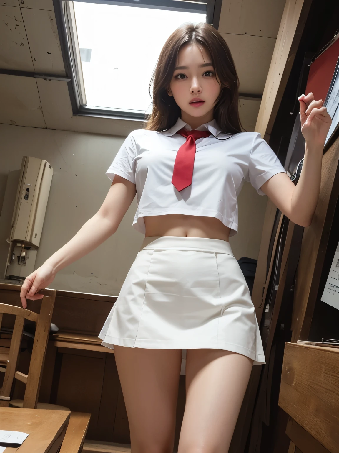 ((of the highest quality, 8K, masutepiece: 1.3, Raw photo)), Sharp Focus: 1.2, (1 AESPA Girl :1.1), Solo, (Realistic, Photorealistic: 1.37), (Face Focus: 1.1), Cute face, hyperdetailed face, (short messy hair: 1.2), Small Smile, Small breasts, flat chest, nude, (chiffon office uniform skirt),Roll up the skirt, (((See all panties))), (((The skirt is definitely worn))), (((Lift skirt hem)), Thigh, bar, flower, Cattleya