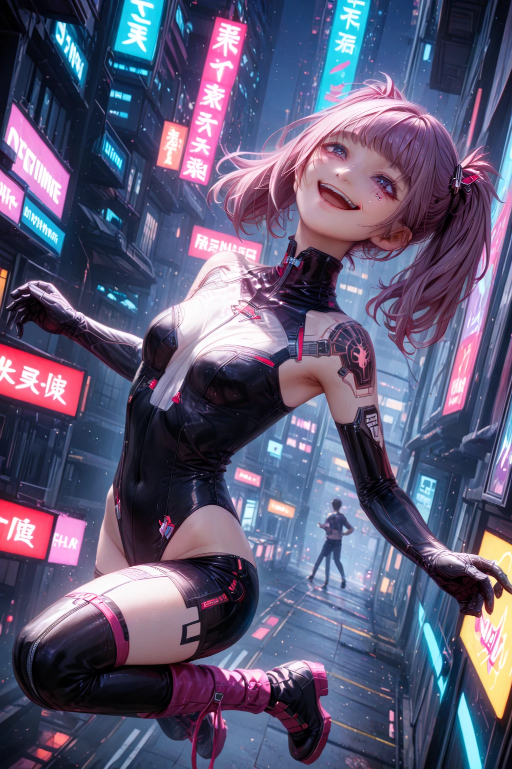 ((2 cyberpunk girls wearing Harajuku style pop outfit)), ((fisheye lens)), selfie, cowboy shot, wind, messy hair, cyberpunk cityscape, (aesthetics and atmosphere:1.2), smiling, laughing