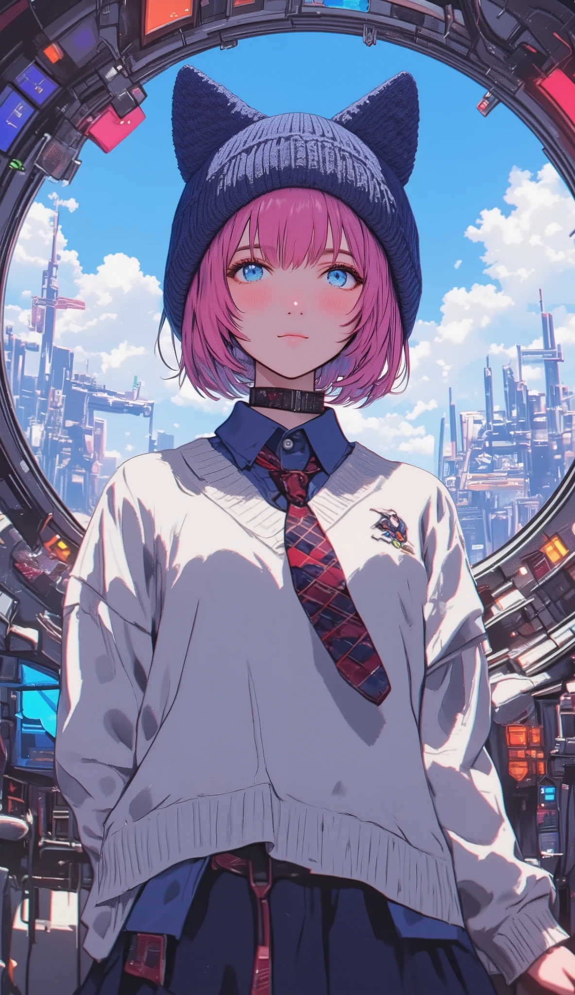 pink hair 、Large white long sleeve V wearing a neck sweater 、 short hair while on a business trip 、blue eyes、 Japanese high school girl style 、 navy blue knitted hat with cat ears 、V neck shirt with blue sleeves underneath the sweater 、 with red and navy blue stripes loosely worn、Necktie is inside a knit 、 upper body、A robot cockpit that maneuvers according to body movements、colorful light background、 that area shines brightly 、 full of cross lights 、 Looking Up at the Sky 、