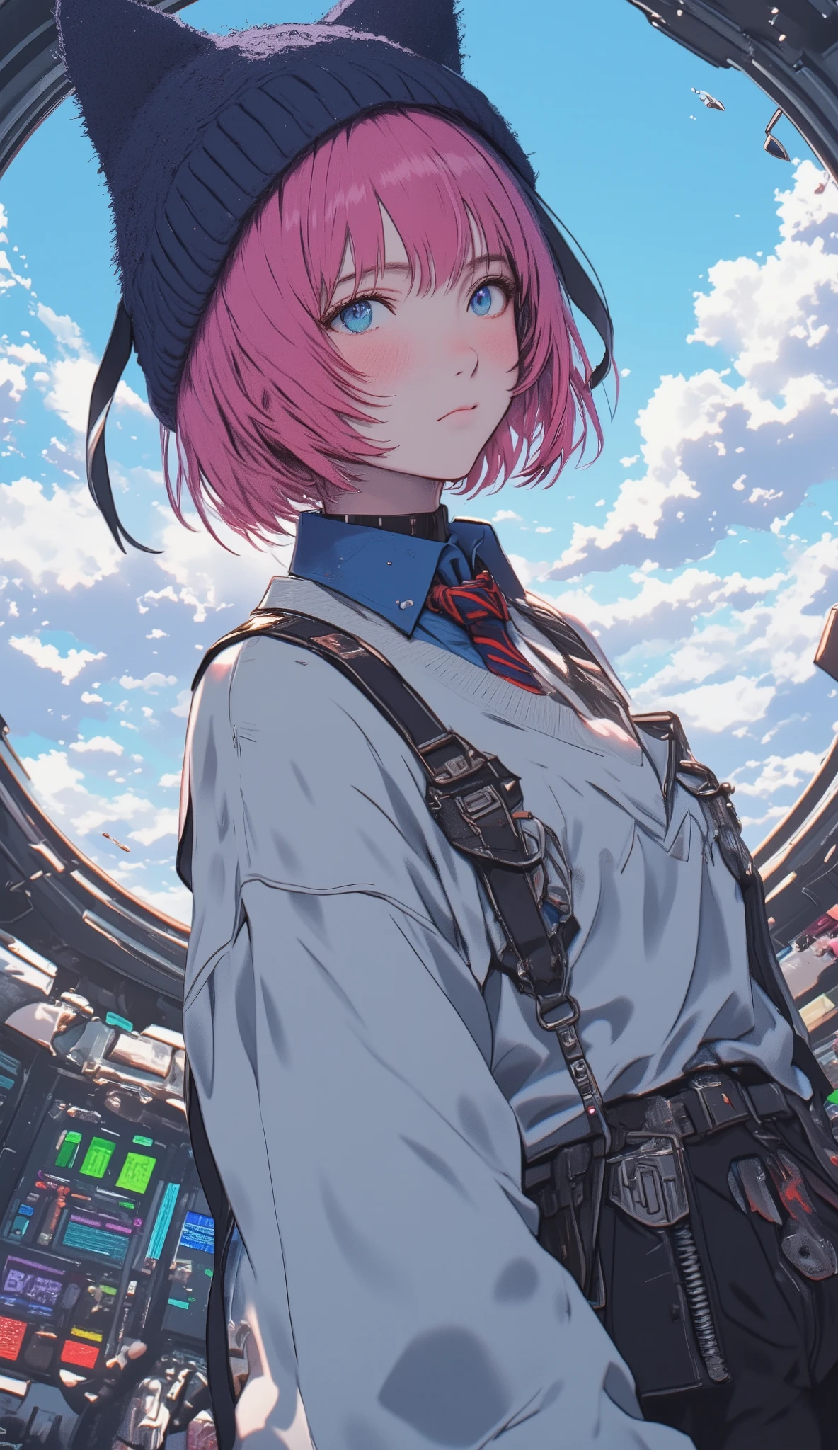 pink hair 、Large white long sleeve V wearing a neck sweater 、 short hair while on a business trip 、blue eyes、 Japanese high school girl style 、 navy blue knitted hat with cat ears 、V neck shirt with blue sleeves underneath the sweater 、 with red and navy blue stripes loosely worn、Necktie is inside a knit 、 upper body、A robot cockpit that maneuvers according to body movements、colorful light background、 that area shines brightly 、 full of cross lights 、 Looking Up at the Sky 、