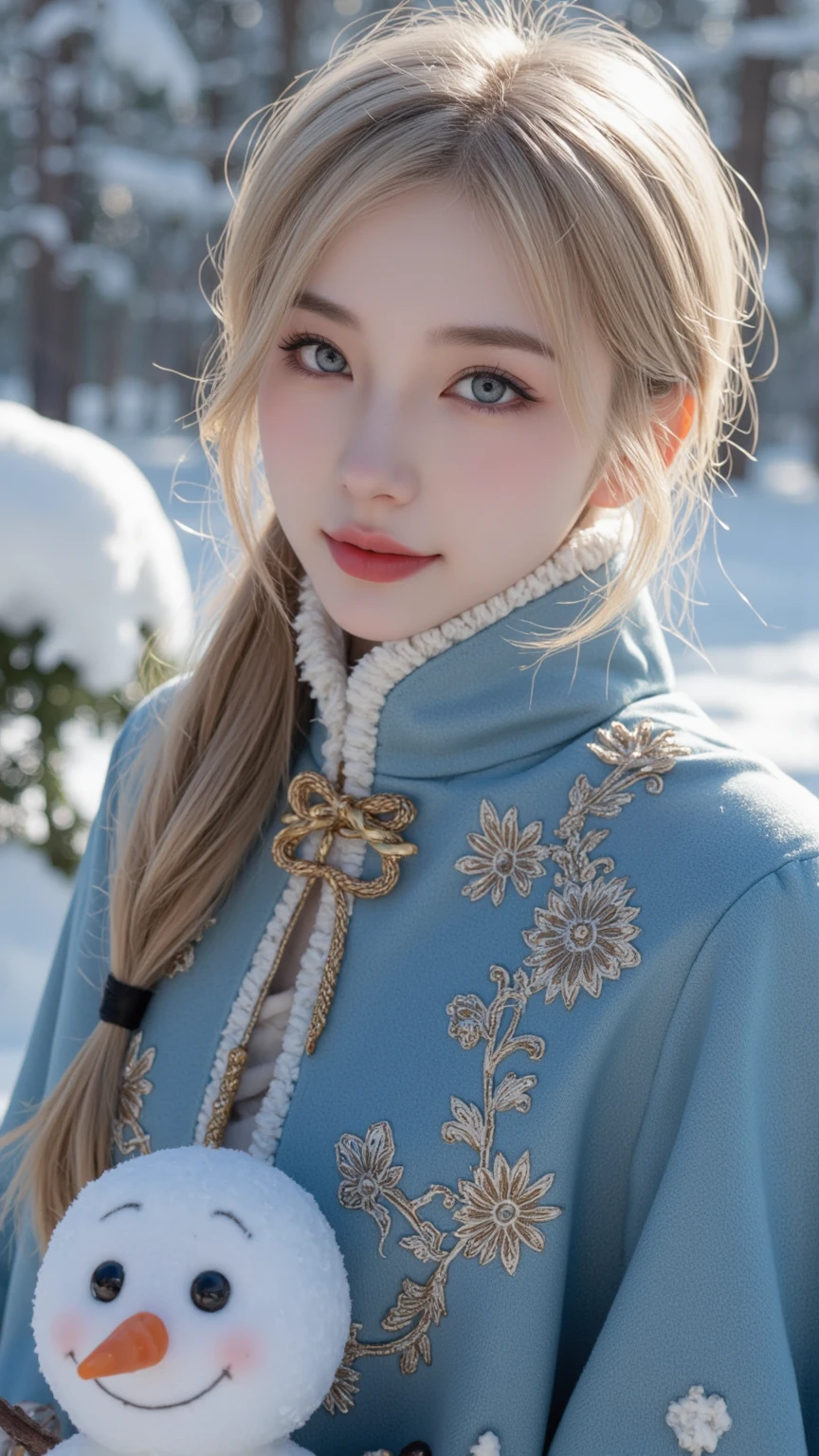 Beautiful Snow Queen (beautiful eyes, beautiful red lips, white skin, long golden hair), wearing a blue cape with white fur, with a fractal pattern, finely and beautifully embroidered with gold thread, laughing innocently beside a snowman in a snowy landscape, close-up face,